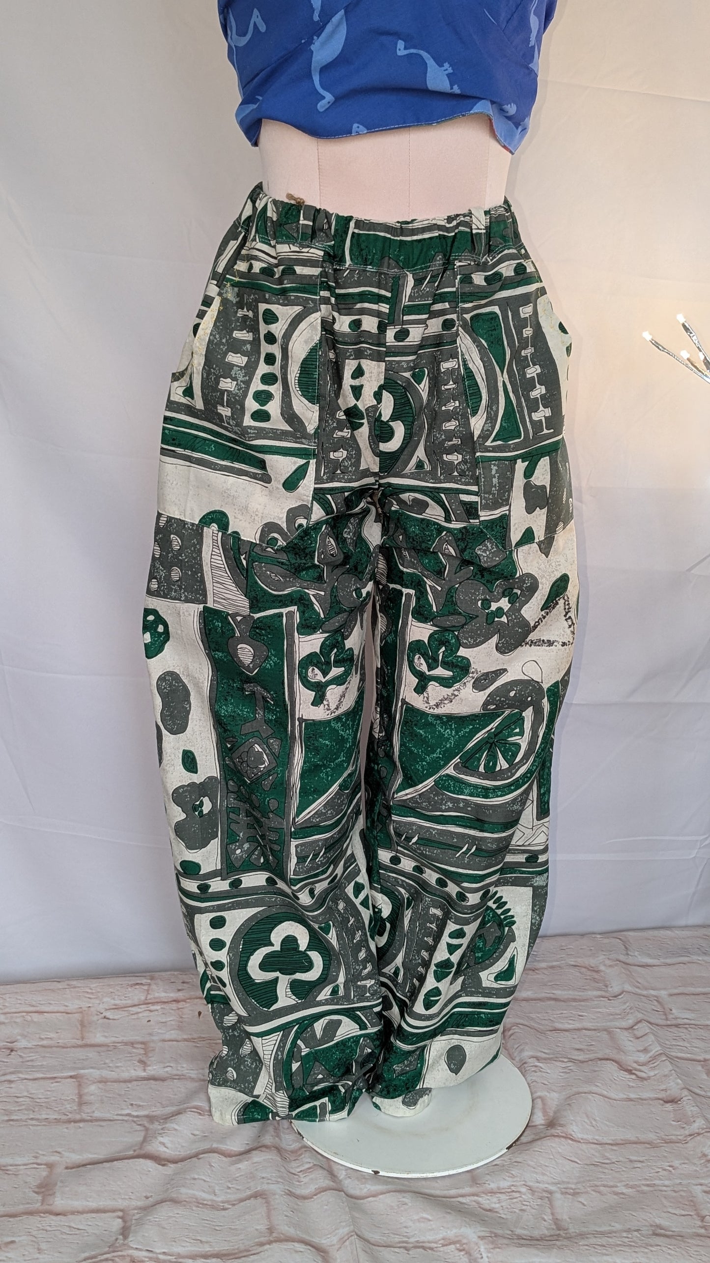Trousers size 14, stretch waist trousers, ethnic print, African influence pattern pants, reworked bob trousers, green tribal art