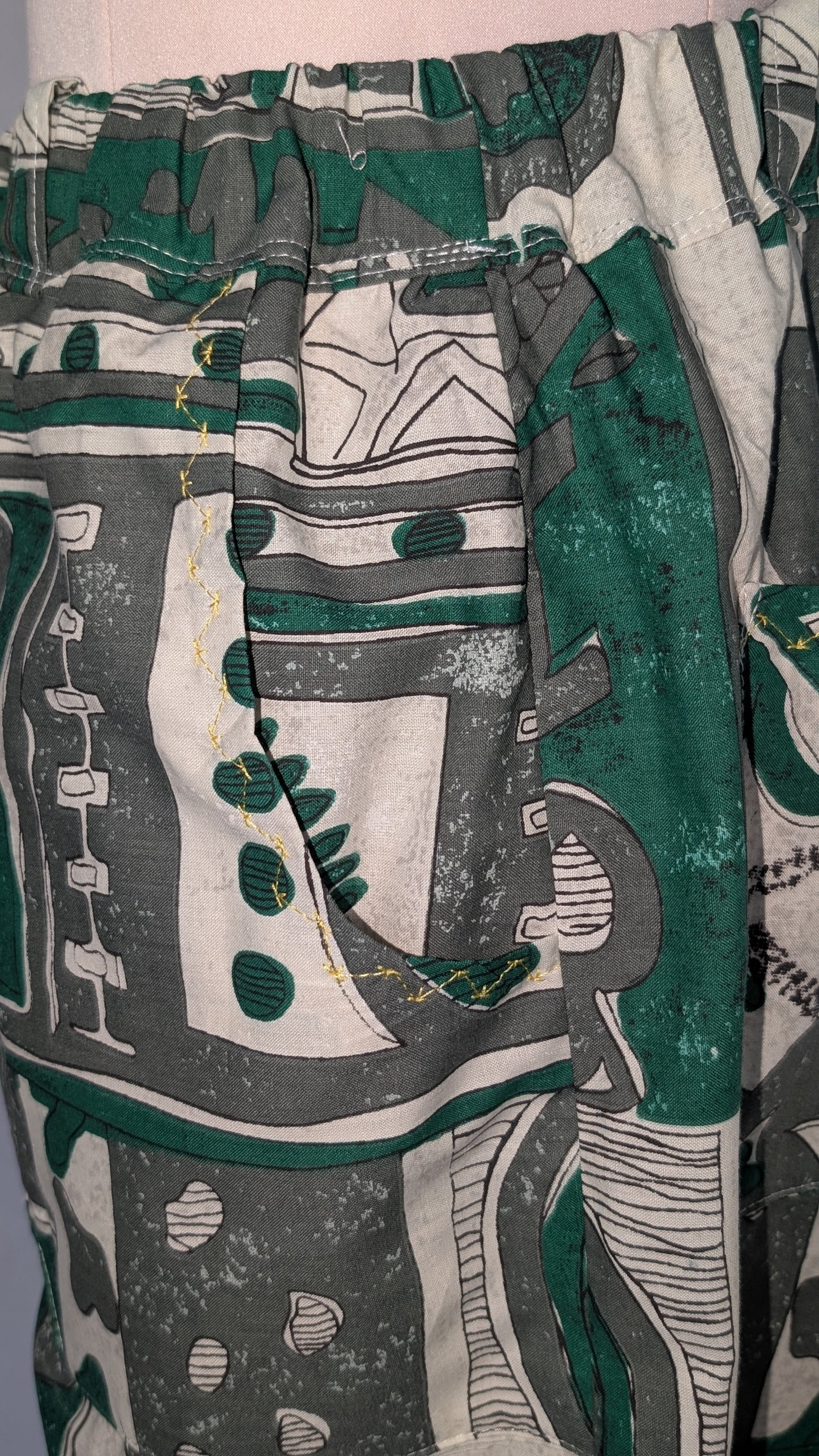 Trousers size 14, stretch waist trousers, ethnic print, African influence pattern pants, reworked bob trousers, green tribal art