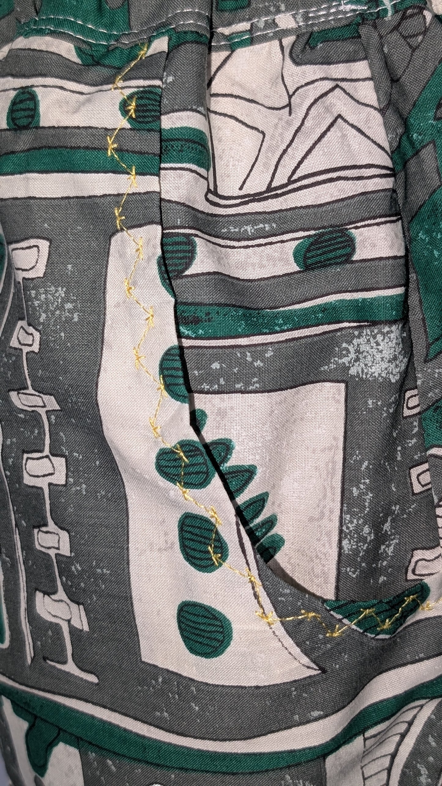 Trousers size 14, stretch waist trousers, ethnic print, African influence pattern pants, reworked bob trousers, green tribal art