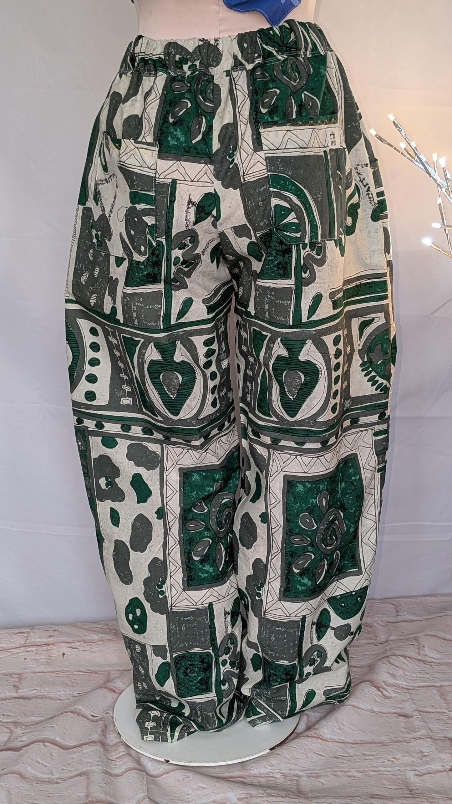 Trousers size 14, stretch waist trousers, ethnic print, African influence pattern pants, reworked bob trousers, green tribal art