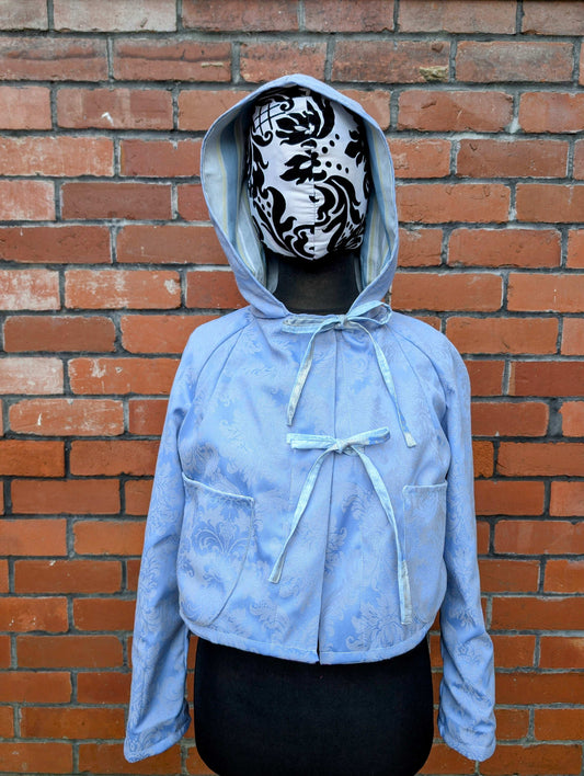 Jacket hooded-cropped jacket-size 14-hooded blue coat-fairy style jacket-jacquard fabric jacket-pixie jacket-pretty blue coat-reworked