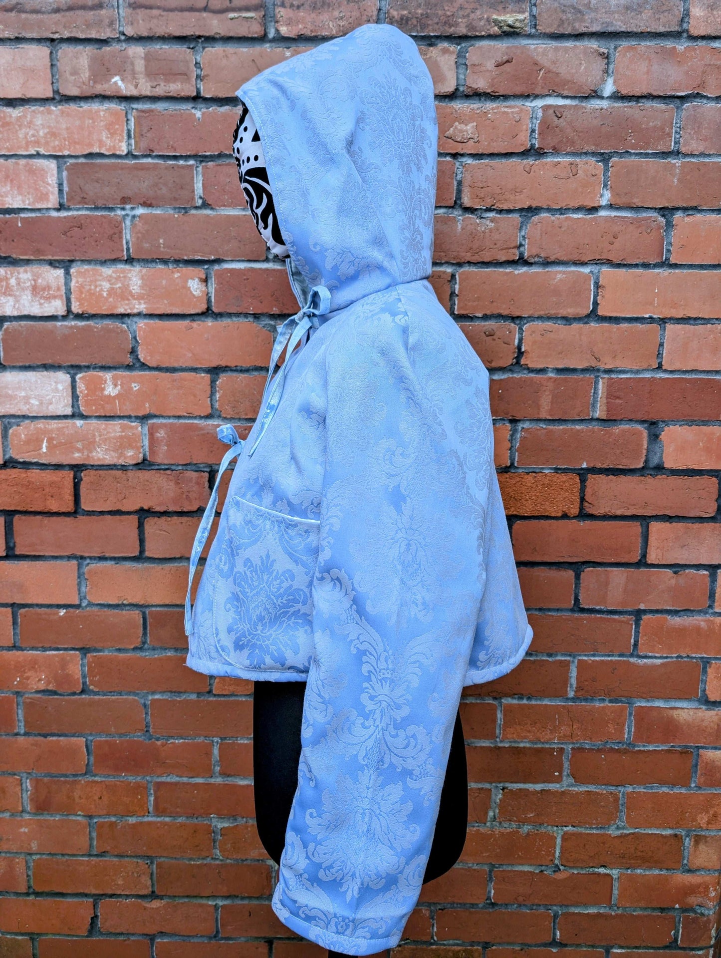 Jacket hooded-cropped jacket-size 14-hooded blue coat-fairy style jacket-jacquard fabric jacket-pixie jacket-pretty blue coat-reworked