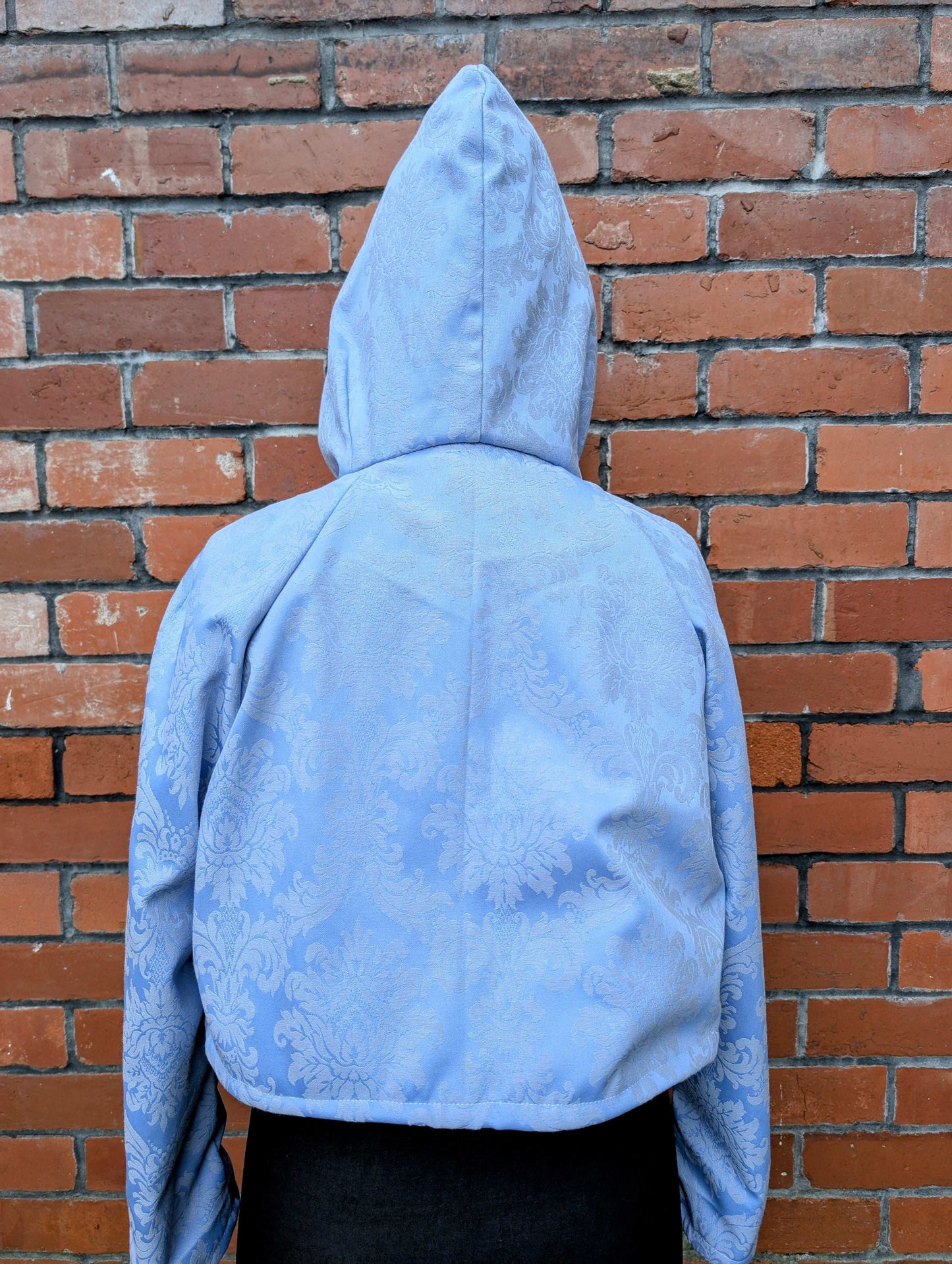 Jacket hooded-cropped jacket-size 14-hooded blue coat-fairy style jacket-jacquard fabric jacket-pixie jacket-pretty blue coat-reworked