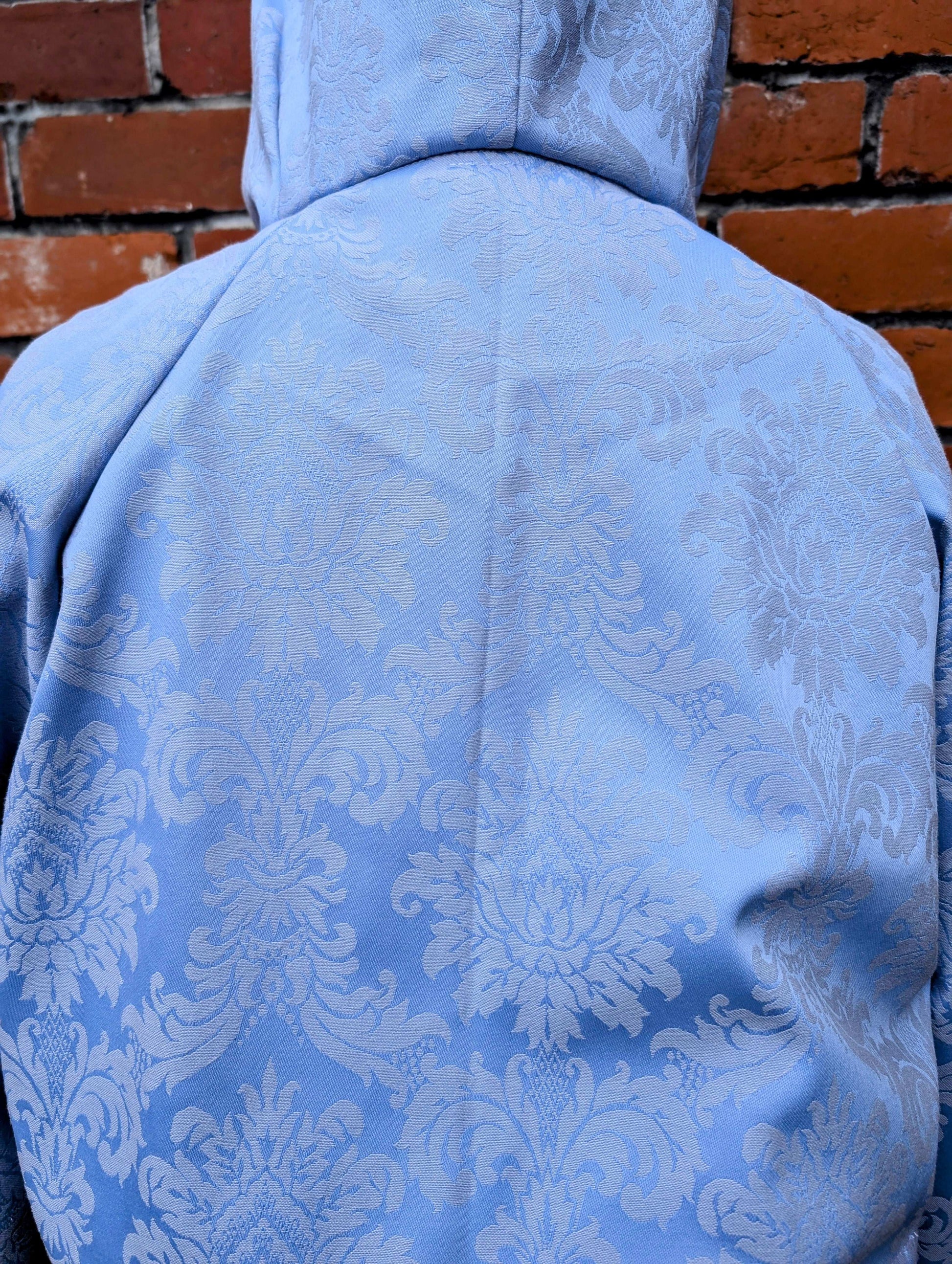 Jacket hooded-cropped jacket-size 14-hooded blue coat-fairy style jacket-jacquard fabric jacket-pixie jacket-pretty blue coat-reworked
