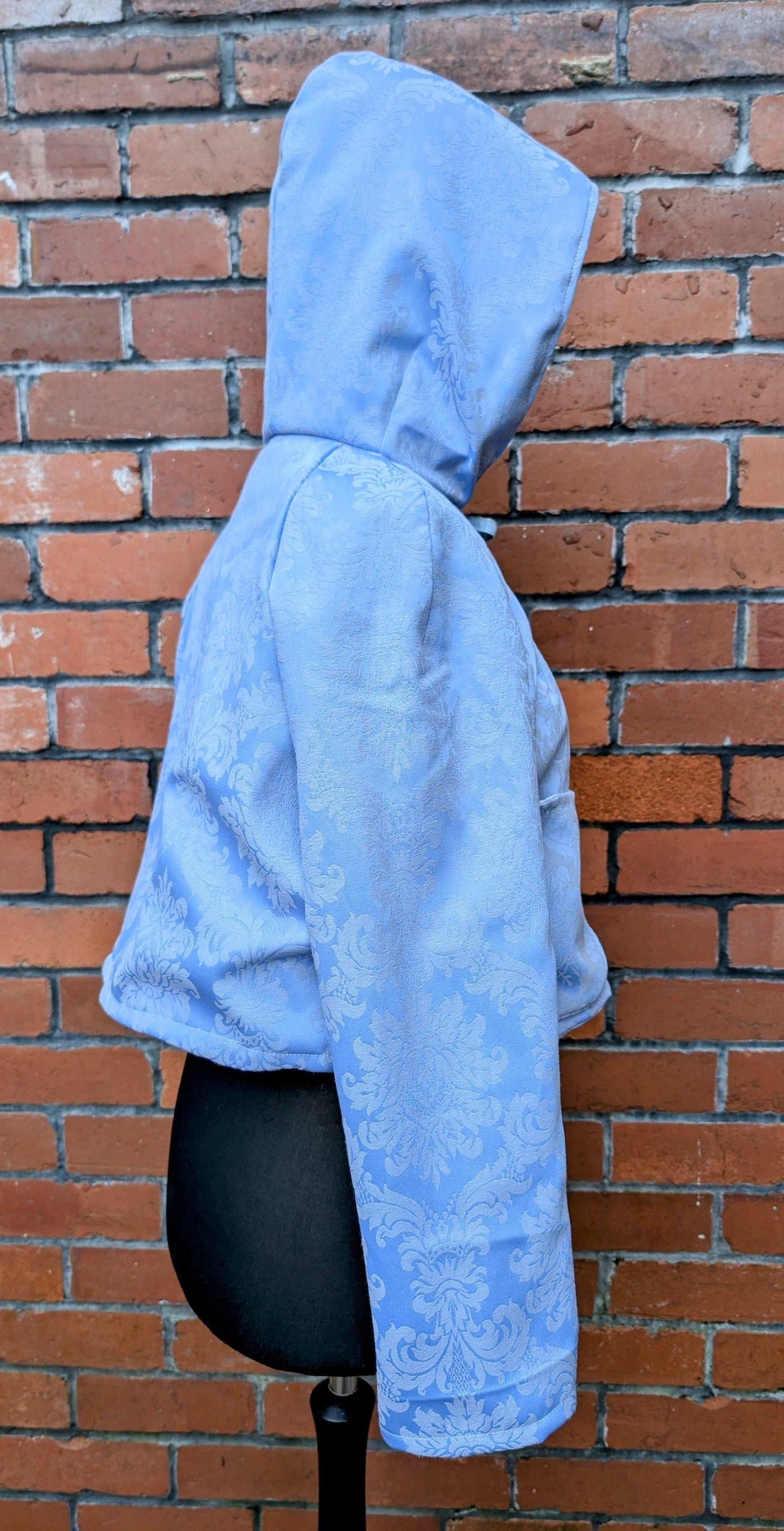 Jacket hooded-cropped jacket-size 14-hooded blue coat-fairy style jacket-jacquard fabric jacket-pixie jacket-pretty blue coat-reworked