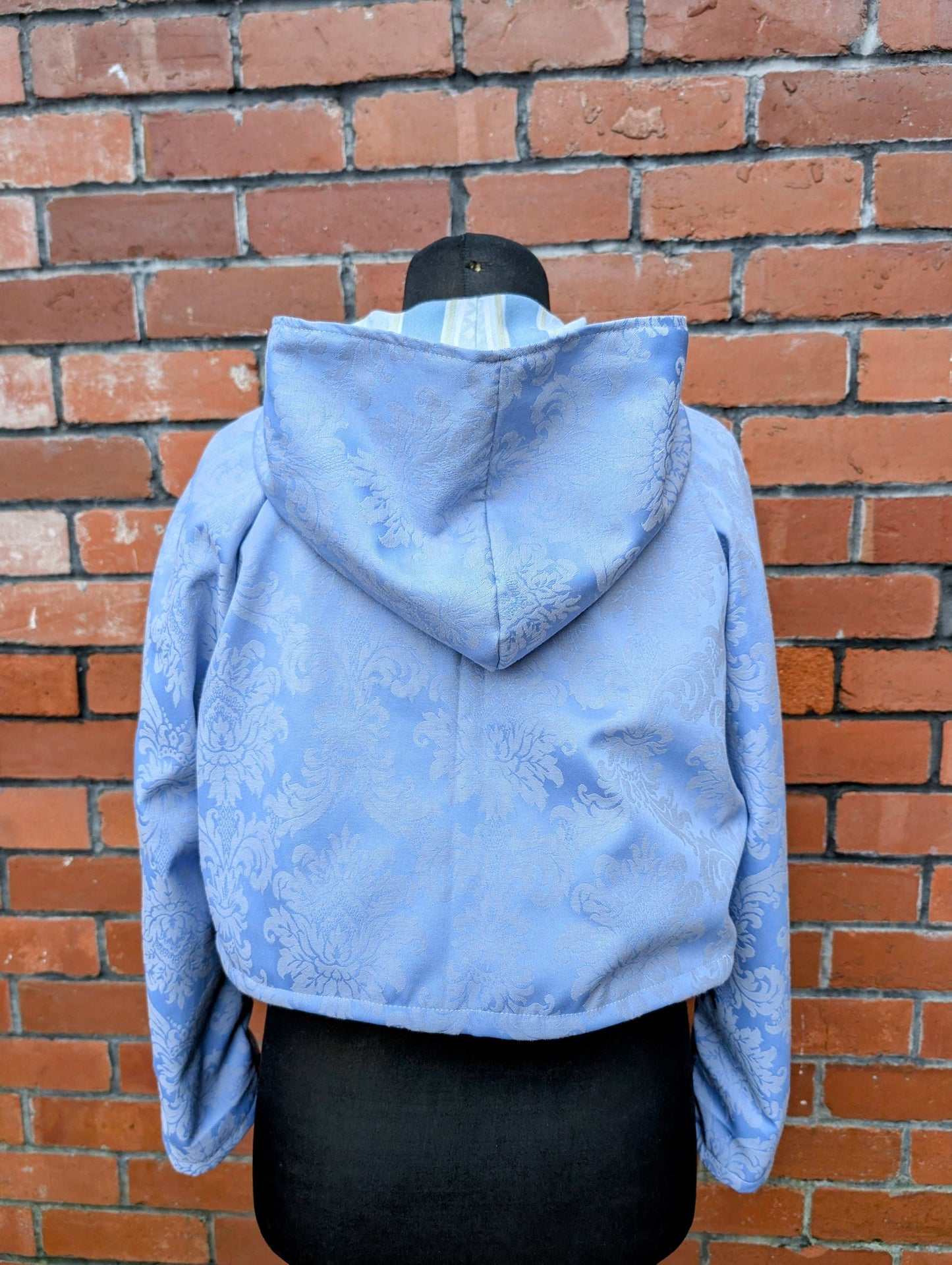 Jacket hooded-cropped jacket-size 14-hooded blue coat-fairy style jacket-jacquard fabric jacket-pixie jacket-pretty blue coat-reworked