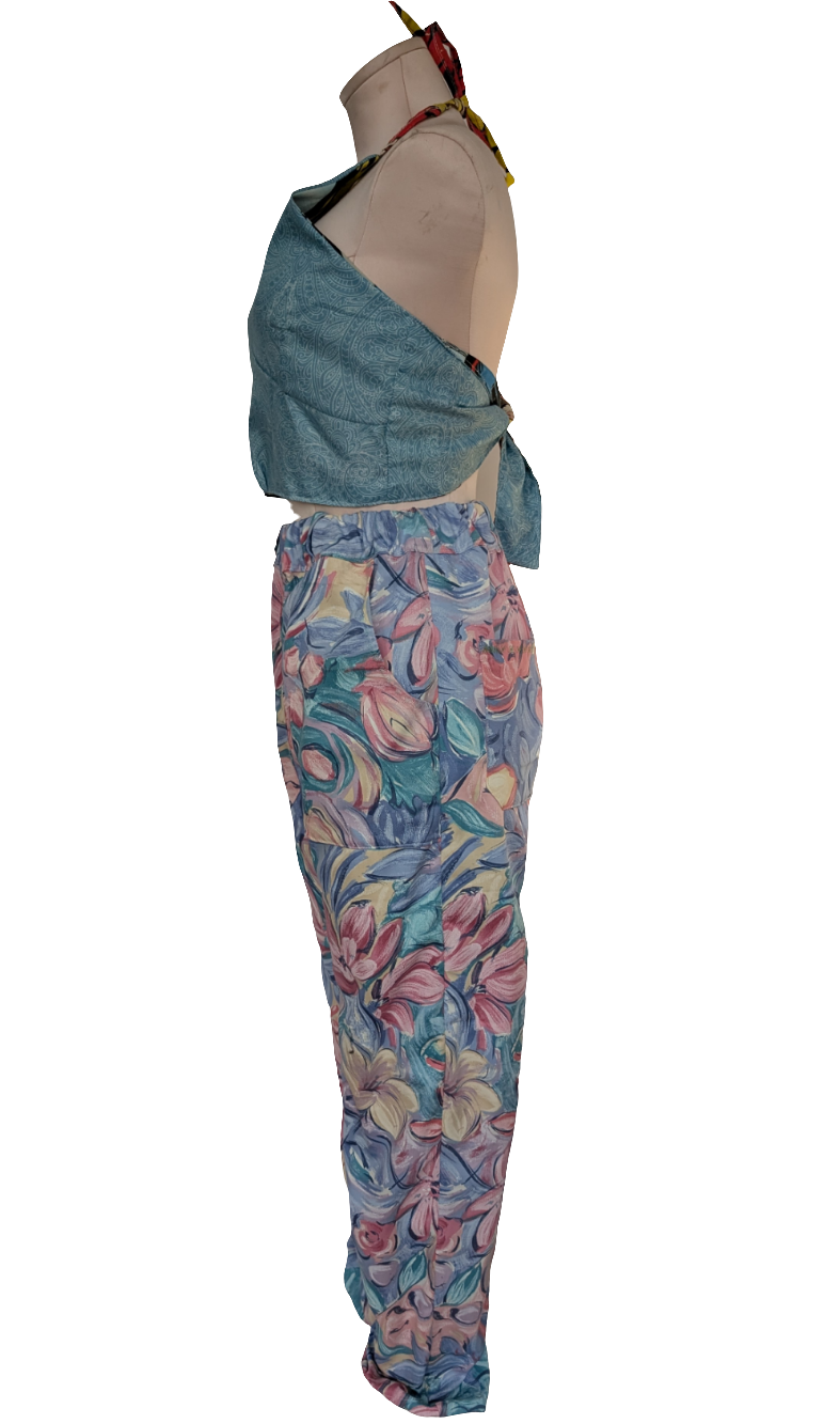 Trousers size 12, stretch waist tulips print pants, vintage, floral, straight leg, pink flowers, casual trousers, reworked textiles trousers