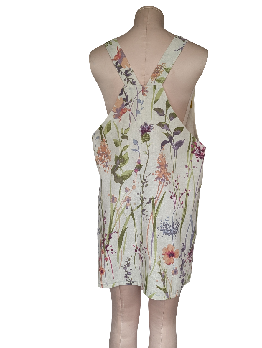 Dress size 12, floral dress, short pinafore dress, dungarees dress, tie top dress, apron dress, mini dress, pockets dress, spring flowers