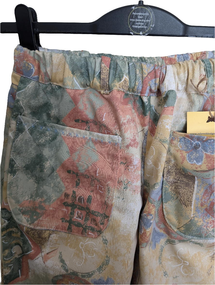Trousers size 16, stretch waist trousers, reworked vintage floral abstract wide leg trousers RelovedDesignsbyDawn