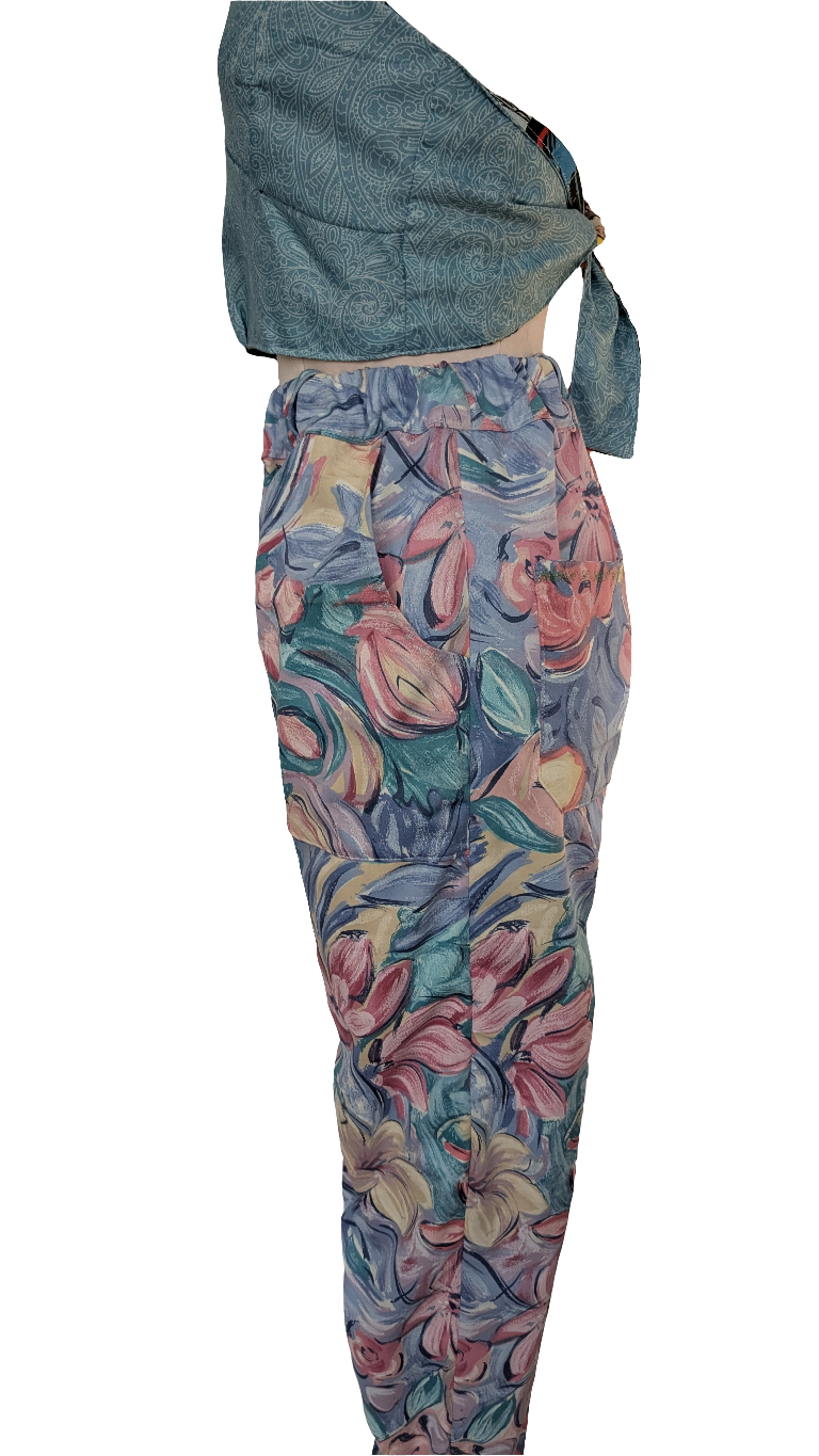 Trousers size 12, stretch waist tulips print pants, vintage, floral, straight leg, pink flowers, casual trousers, reworked textiles trousers