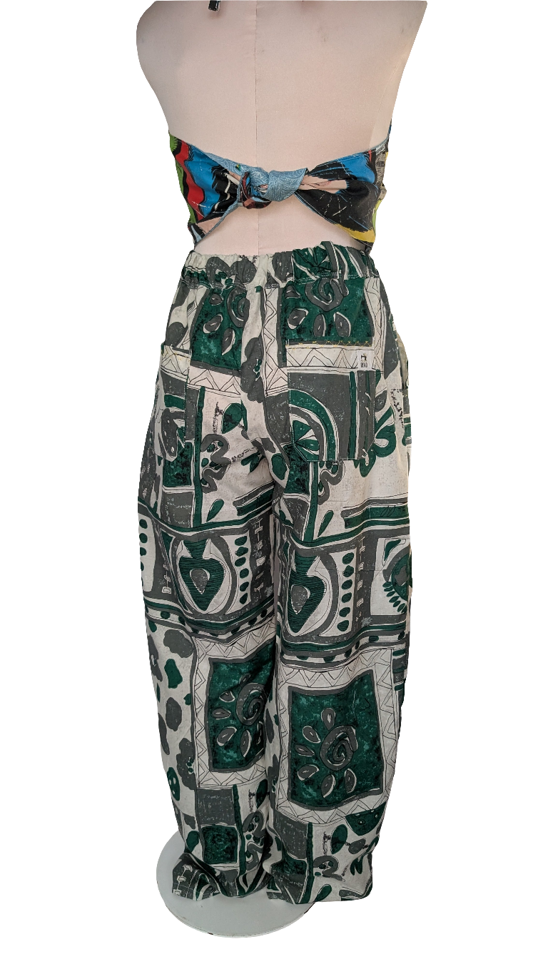 Trousers size 14, stretch waist trousers, ethnic print, African influence pattern pants, reworked bob trousers, green tribal art