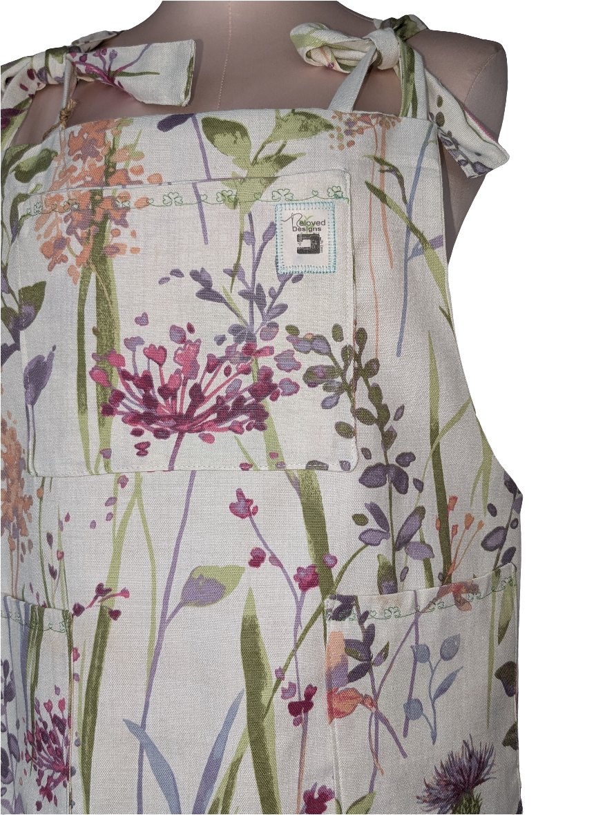 Dress size 12, floral dress, short pinafore dress, dungarees dress, tie top dress, apron dress, mini dress, pockets dress, spring flowers