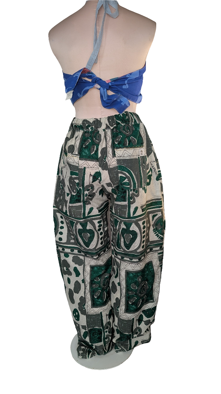 Trousers size 14, stretch waist trousers, ethnic print, African influence pattern pants, reworked bob trousers, green tribal art