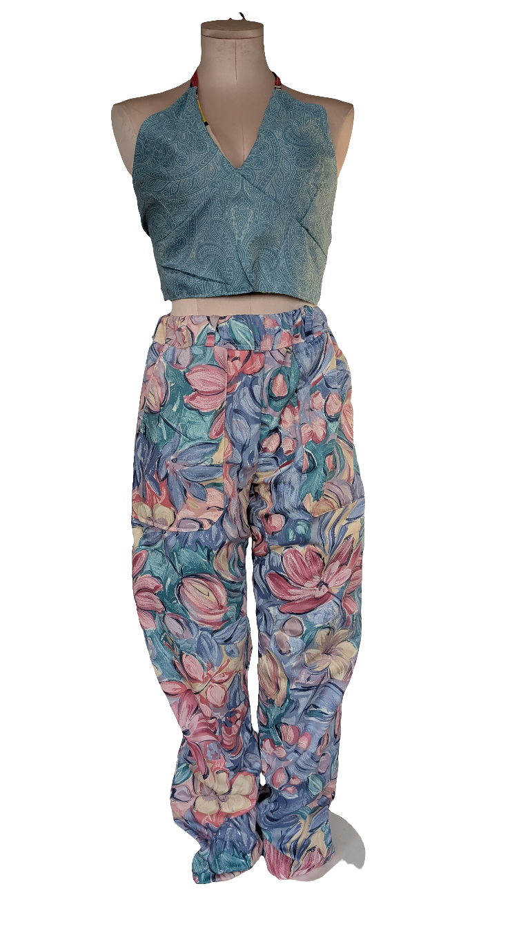 Trousers size 12, stretch waist tulips print pants, vintage, floral, straight leg, pink flowers, casual trousers, reworked textiles trousers
