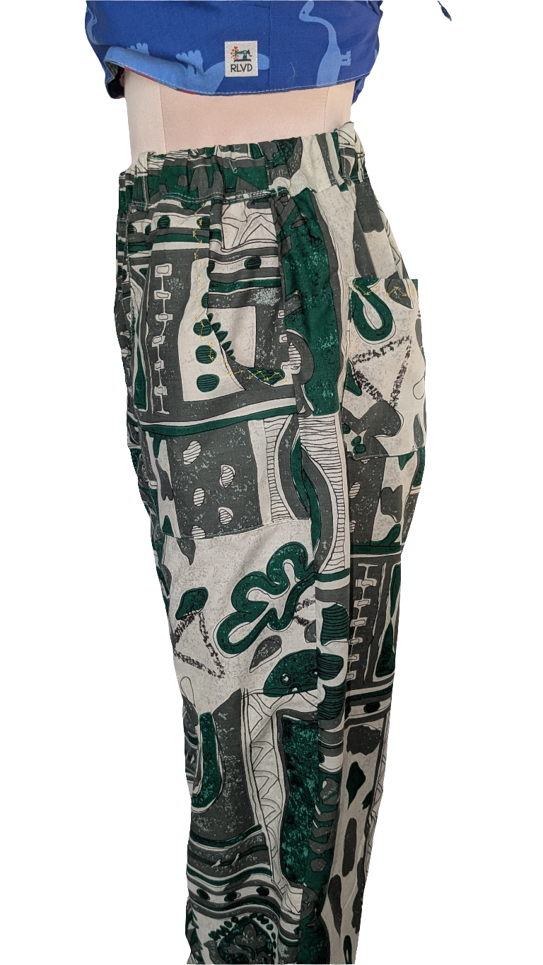 Trousers size 14, stretch waist trousers, ethnic print, African influence pattern pants, reworked bob trousers, green tribal art