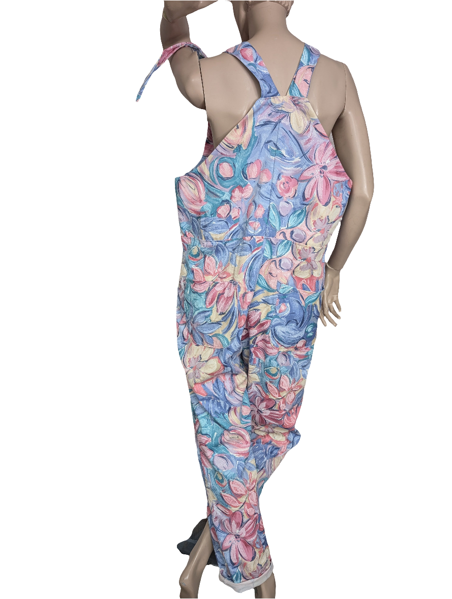 dungarees size 14 ,dungarees, floral  print dungarees, baggy long dungarees, sustainable fashion dungarees, reworked clothing RelovedDesignsbyDawn