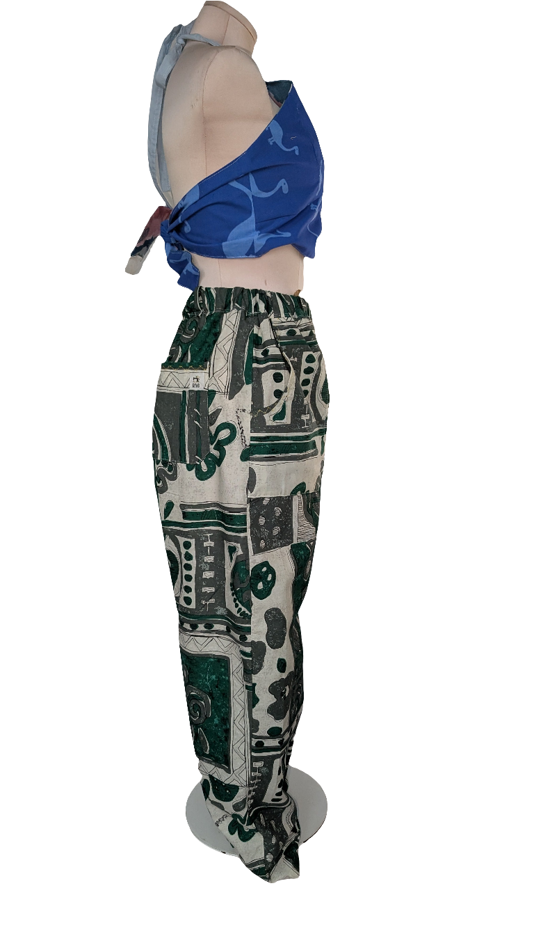 Trousers size 14, stretch waist trousers, ethnic print, African influence pattern pants, reworked bob trousers, green tribal art