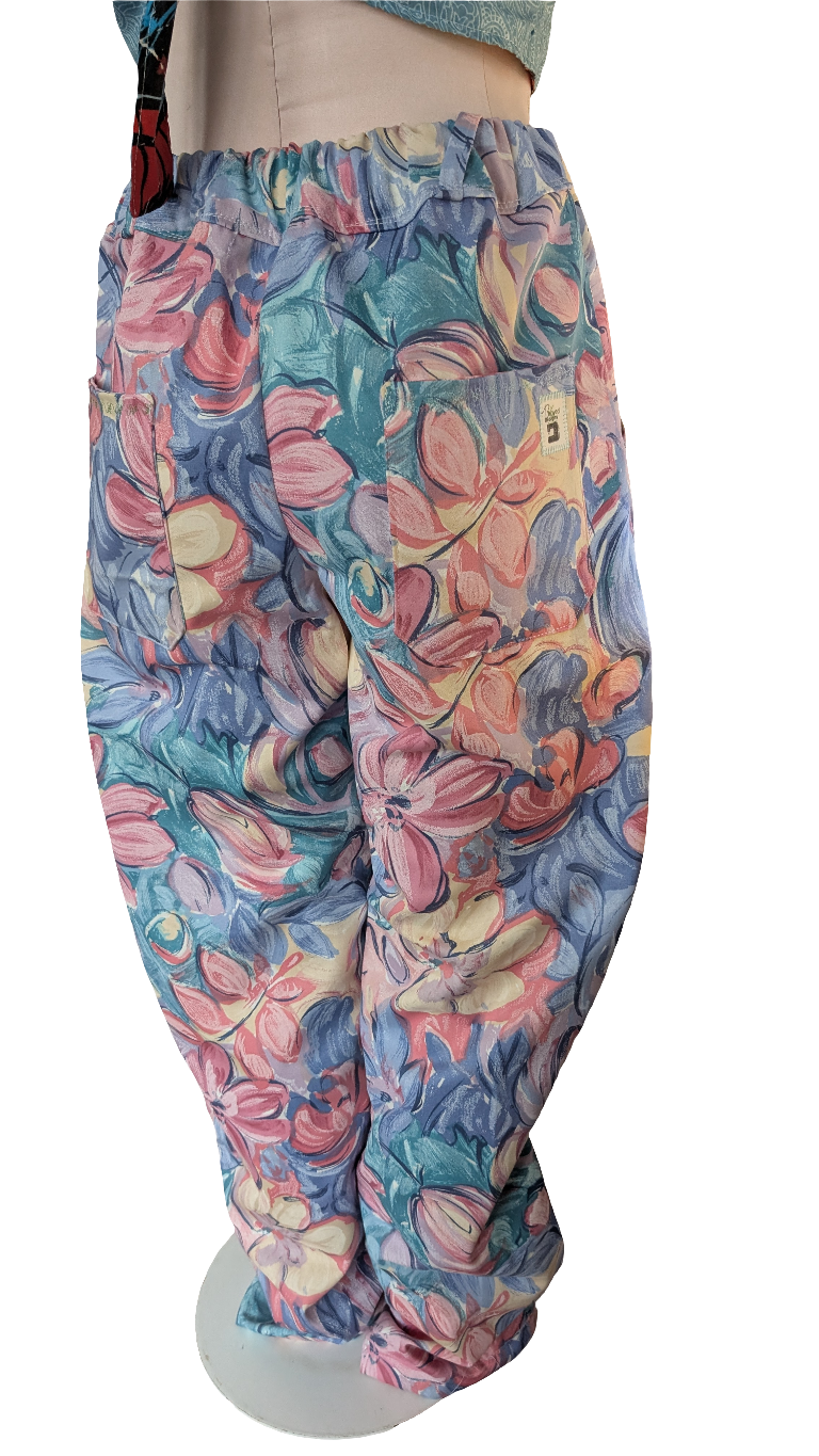 Trousers size 12, stretch waist tulips print pants, vintage, floral, straight leg, pink flowers, casual trousers, reworked textiles trousers