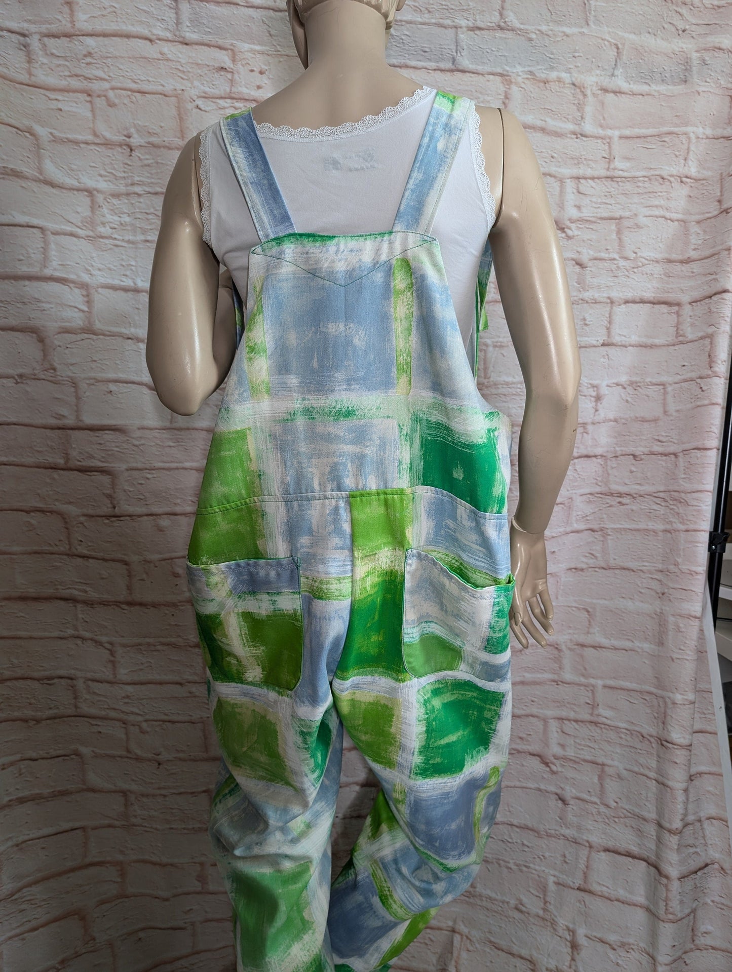 dungarees size 16, green dungarees, colourful overalls.