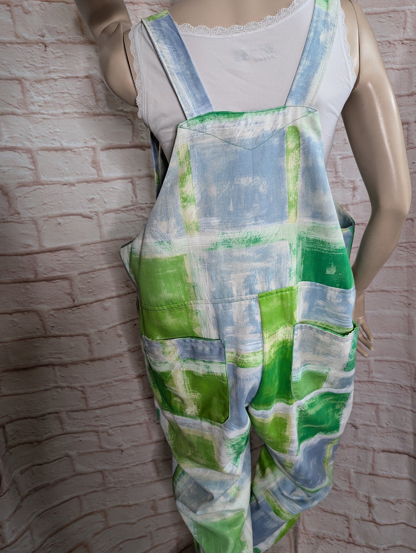 dungarees size 16, green dungarees, colourful overalls.