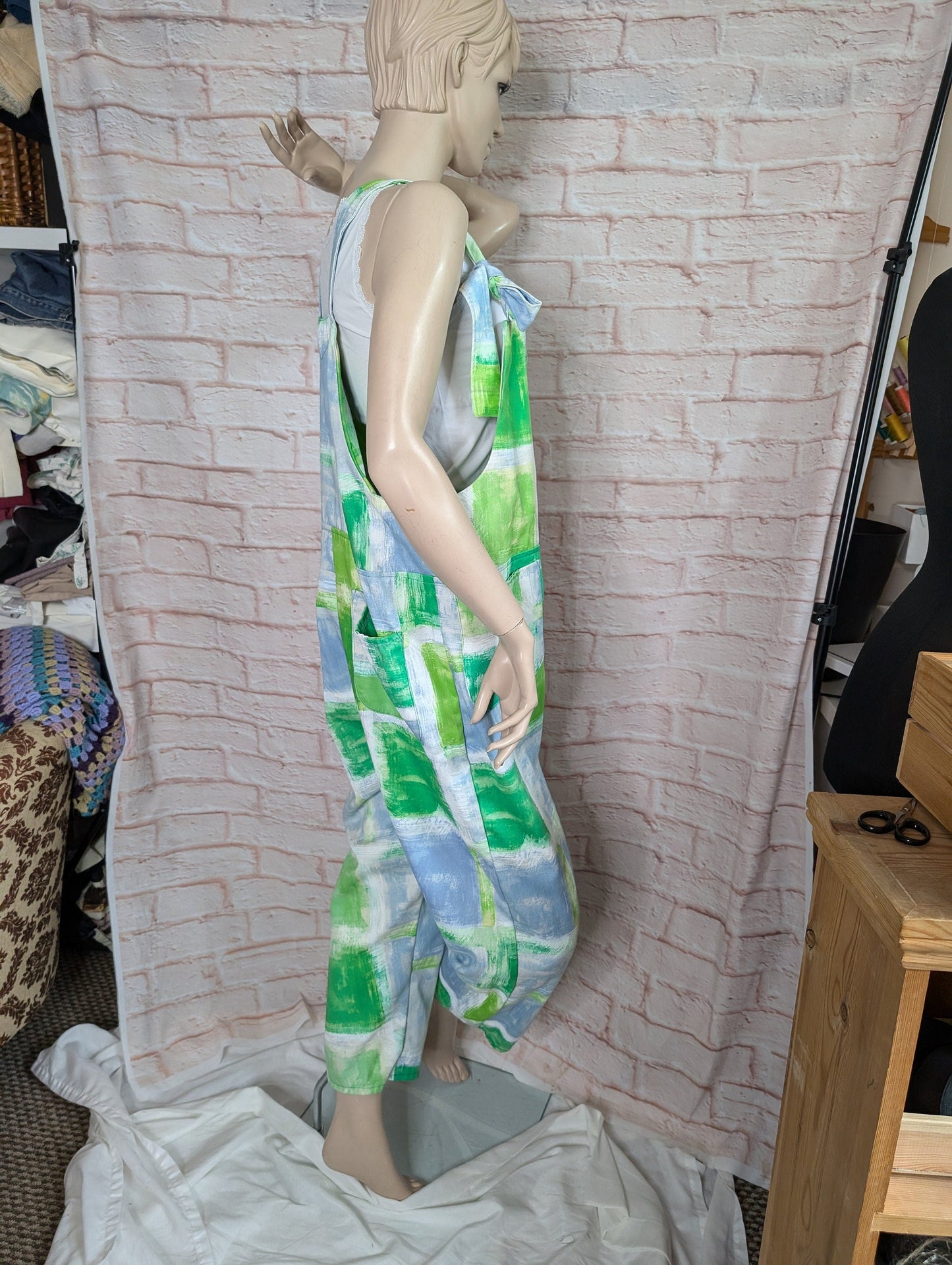 dungarees size 16, green dungarees, colourful overalls.
