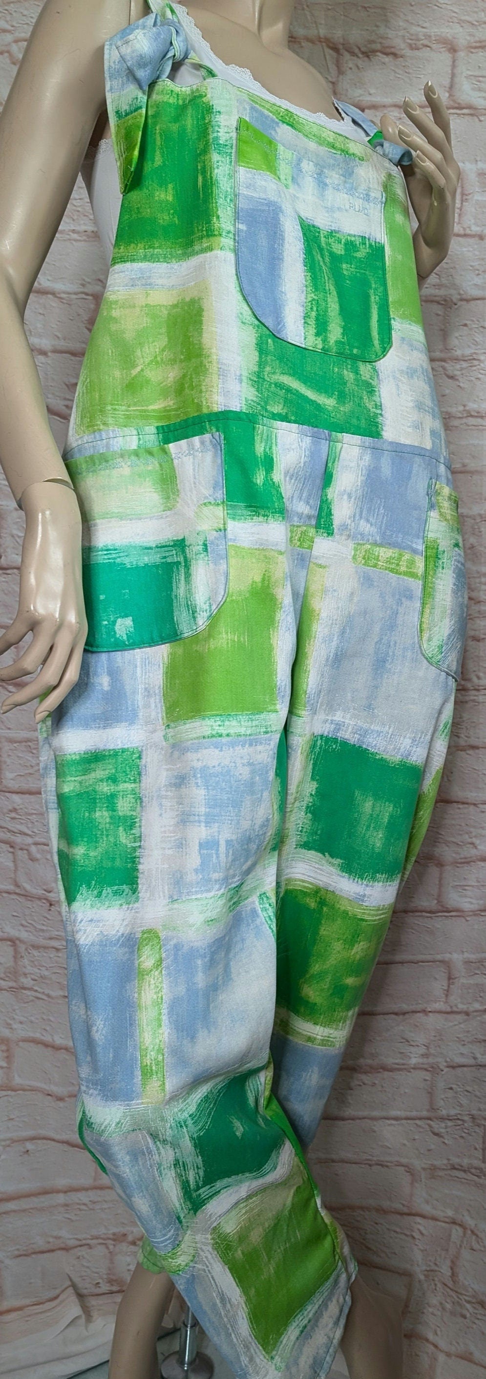 dungarees size 16, green dungarees, colourful overalls.