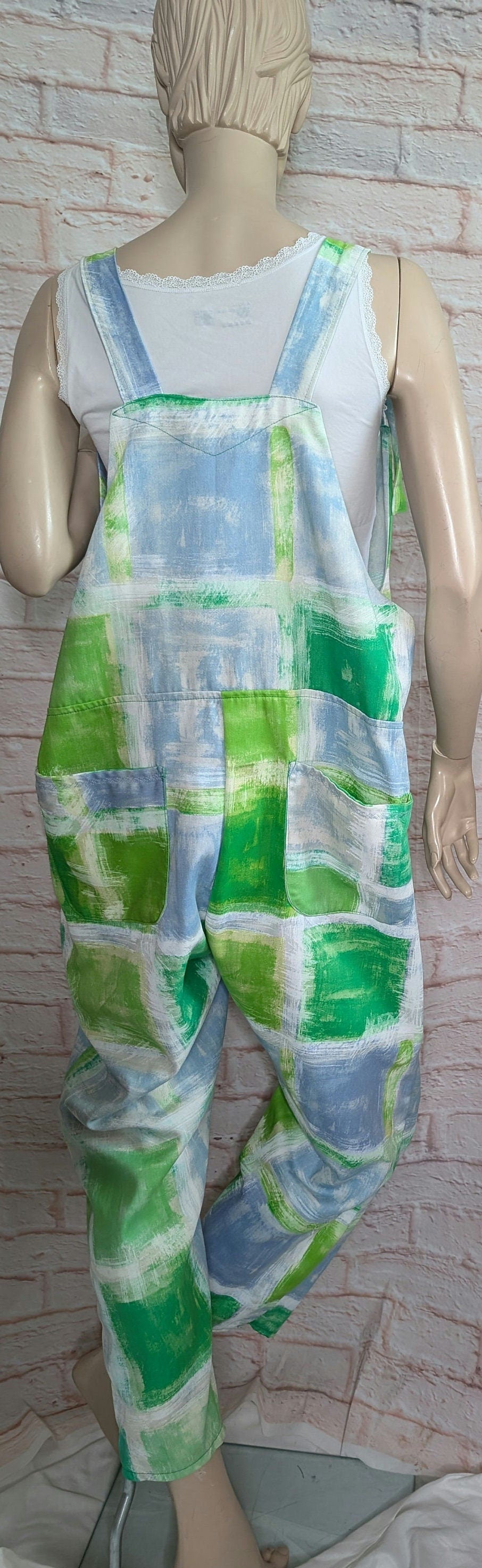 dungarees size 16, green dungarees, colourful overalls.