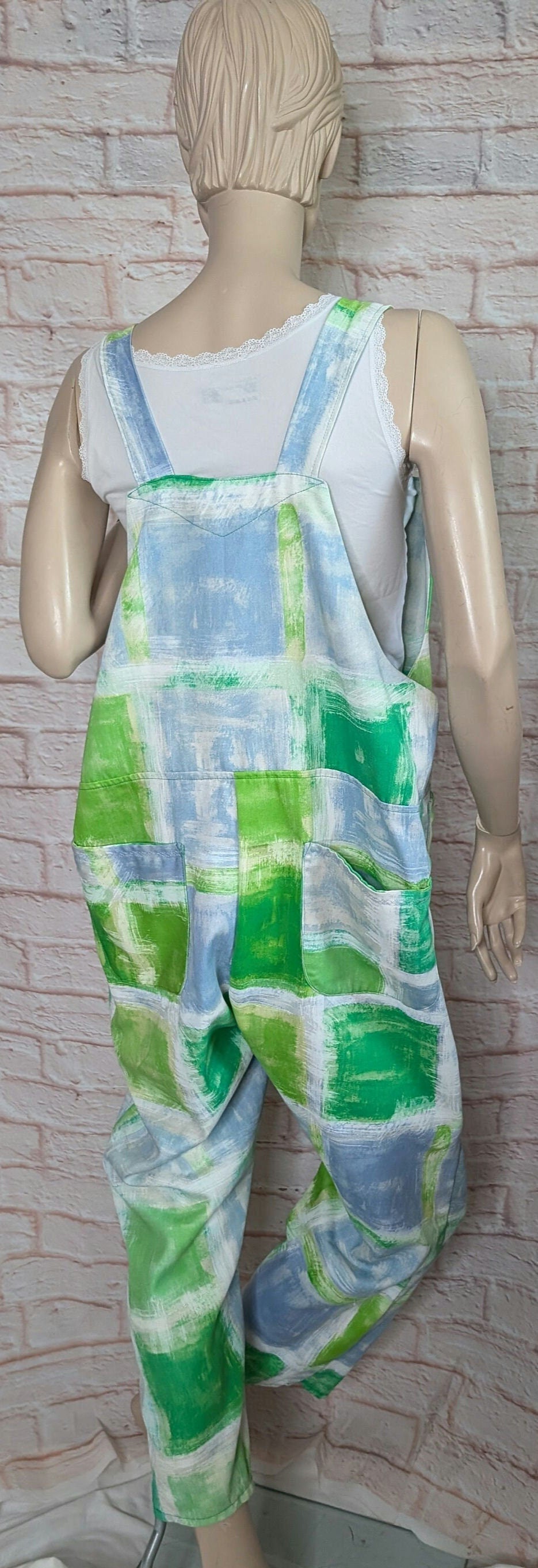 dungarees size 16, green dungarees, colourful overalls.