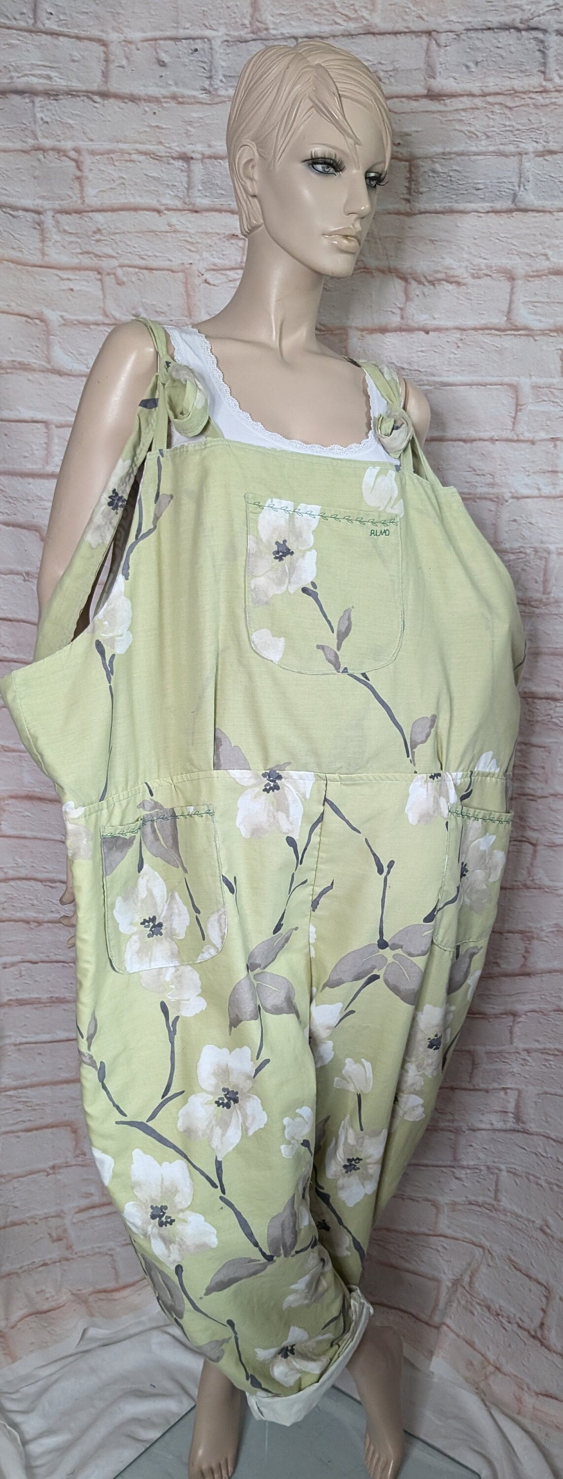 dungarees size 24, green blossom floral dungarees, plus size dungarees