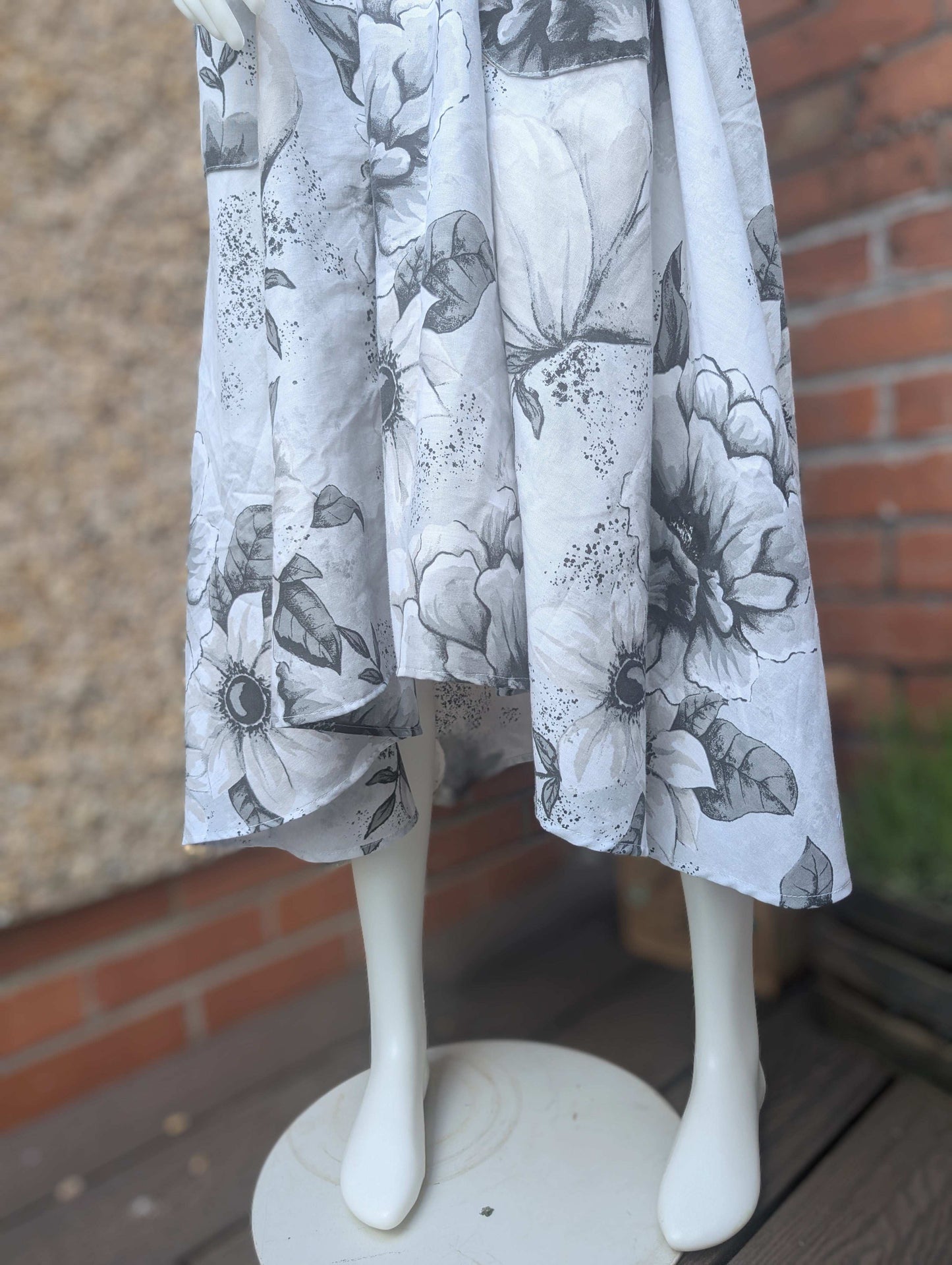 Skirt 14-waterfall hem skirt-circle skirt-black flower pattern-hippy skirt-full skirt with pockets-long skirt- flared, stretch waist