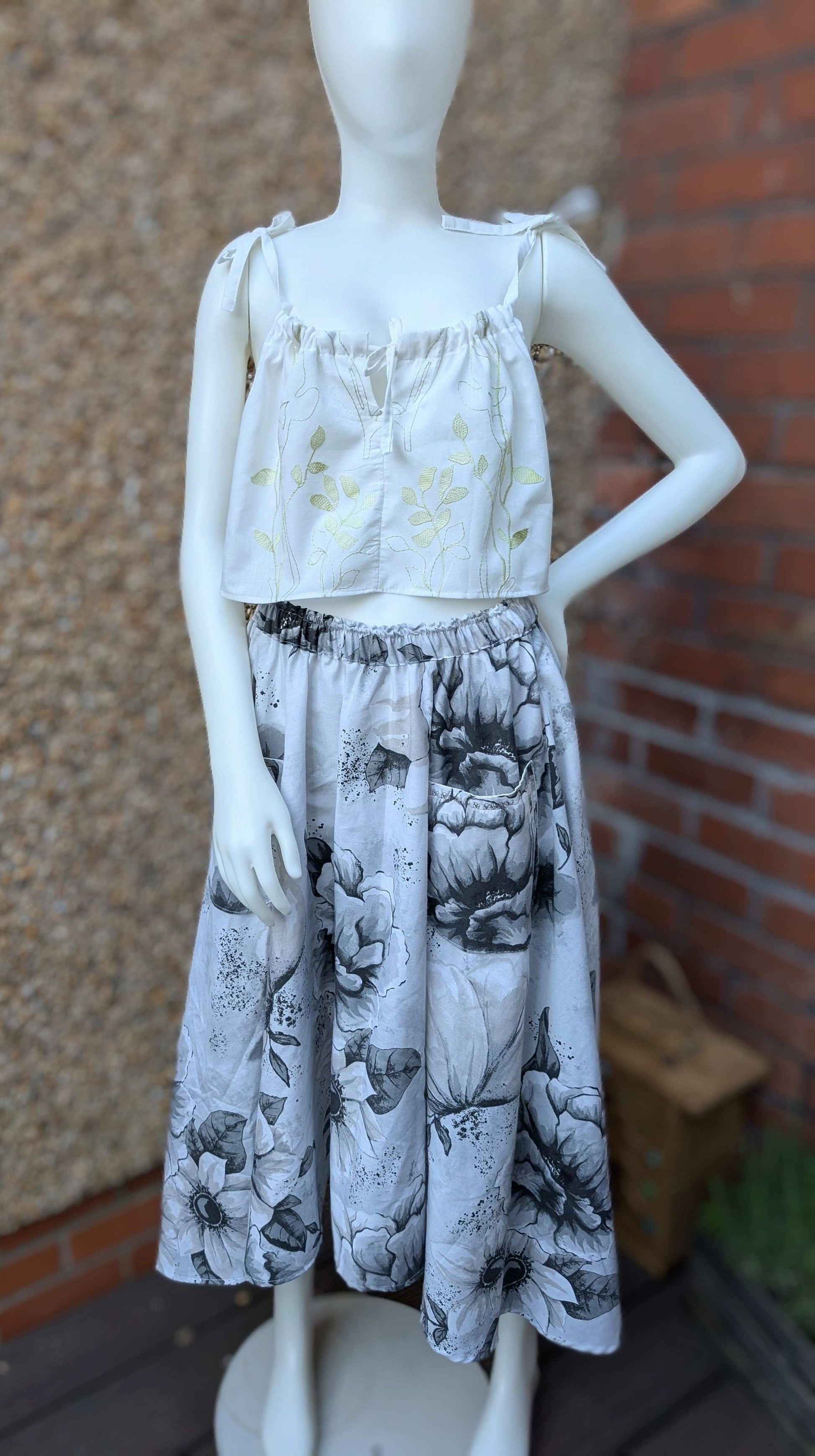 Skirt 14-waterfall hem skirt-circle skirt-black flower pattern-hippy skirt-full skirt with pockets-long skirt- flared, stretch waist