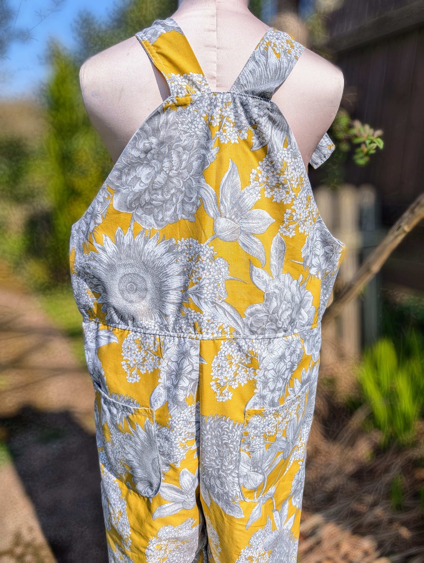 dungarees size 14 or L grey and yellow floral dungarees-baggy dungarees-sustainable fashion-ballon leg-reworked clothing-