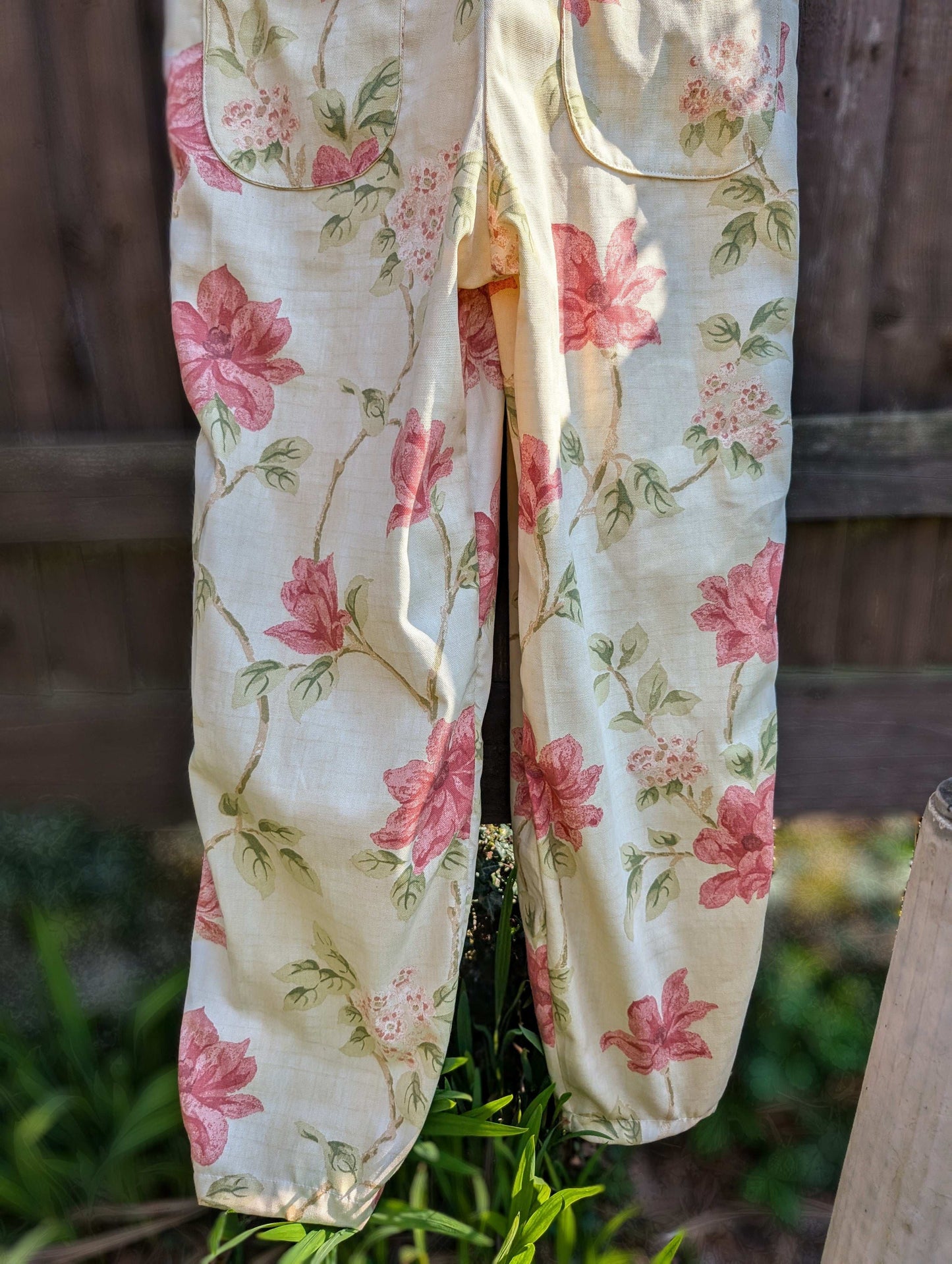 dungarees size 14 or L  pink and cream floral dungarees-baggy dungarees-sustainable fashion-ballon leg-reworked clothing-