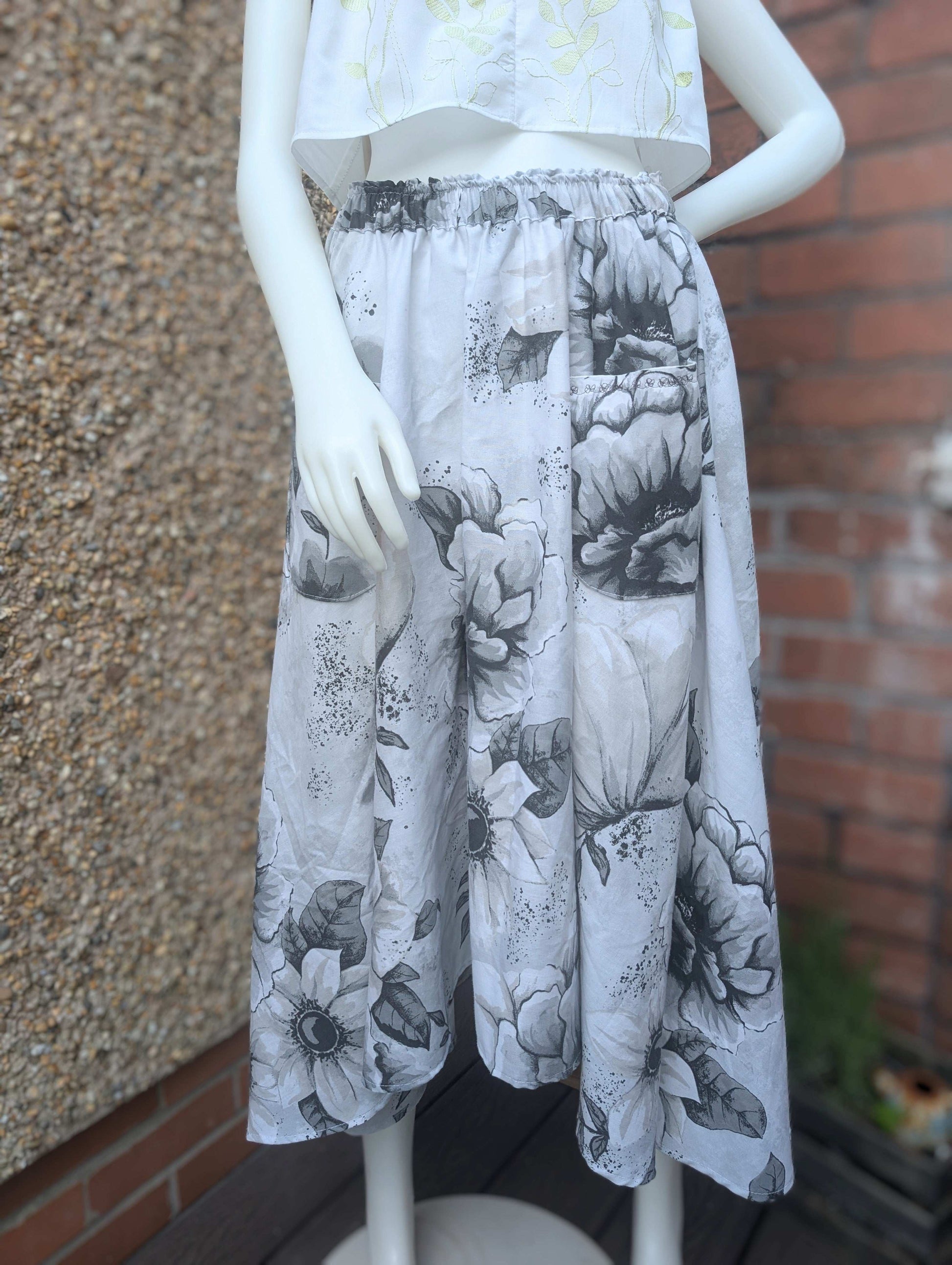 Skirt 14-waterfall hem skirt-circle skirt-black flower pattern-hippy skirt-full skirt with pockets-long skirt- flared, stretch waist