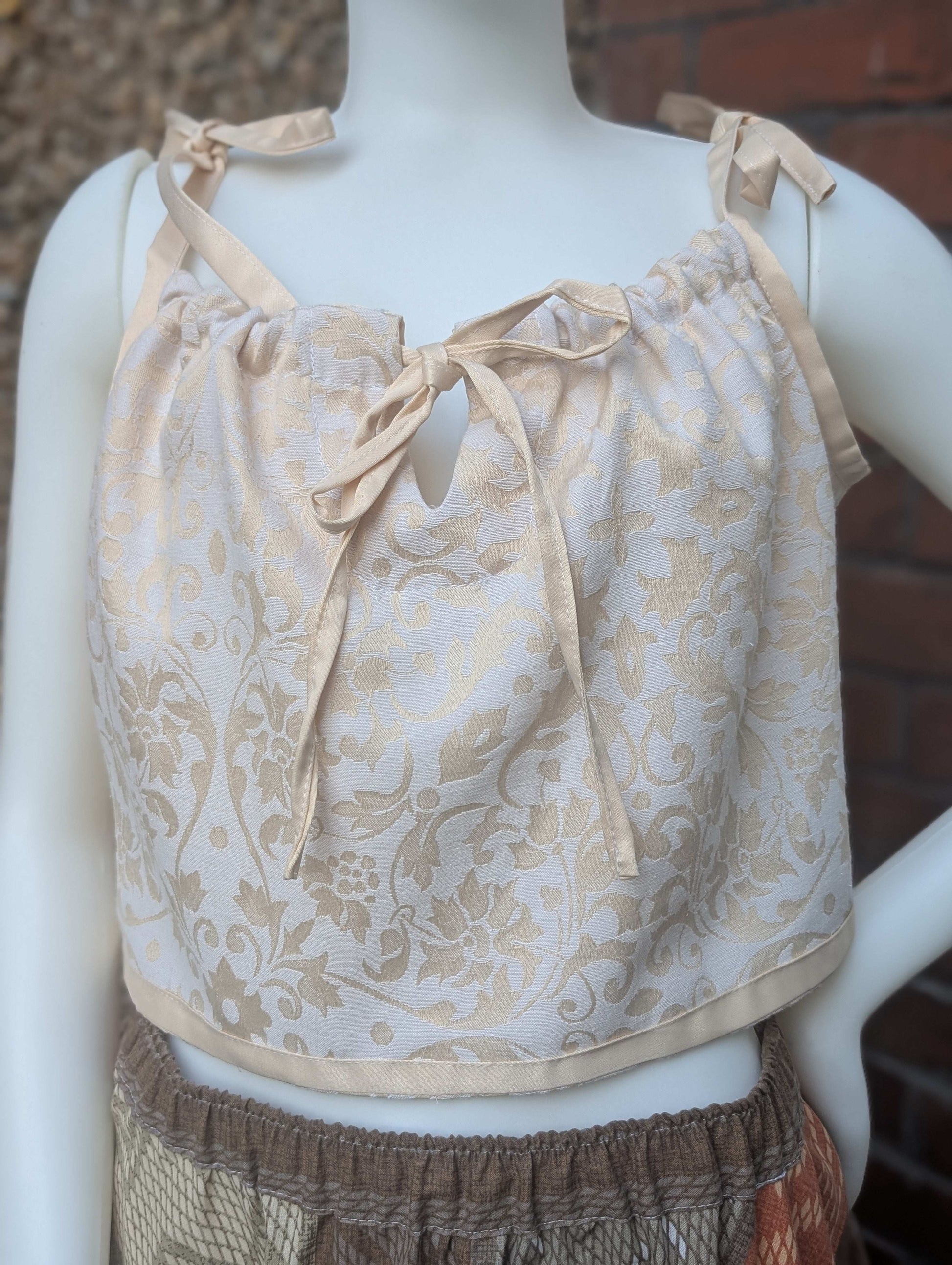 cropped top, strappy top, vest, blouse size 12, whimsical top, hippy top, cami top, reworked top, ribbon straps top, summer vest