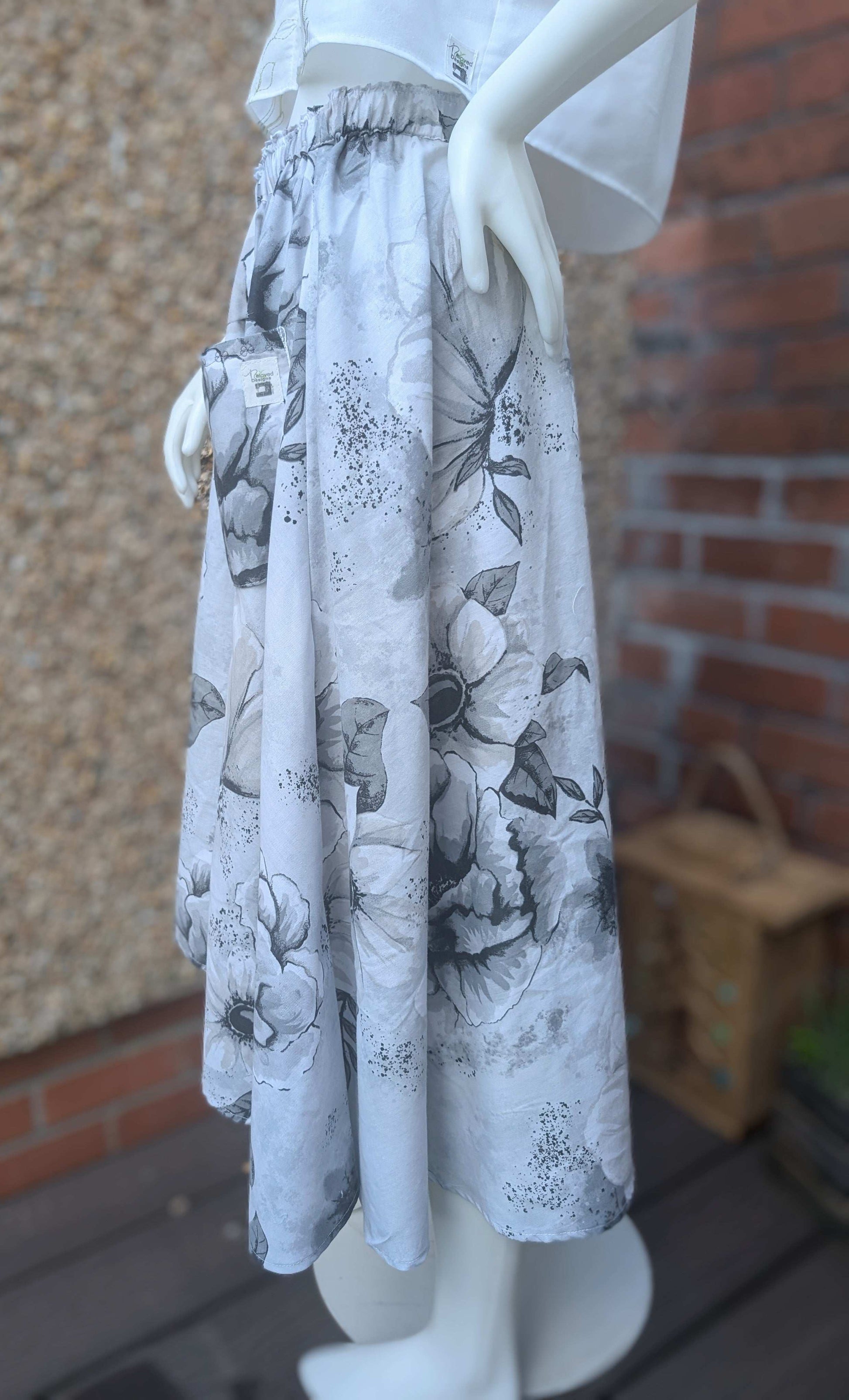 Skirt 14-waterfall hem skirt-circle skirt-black flower pattern-hippy skirt-full skirt with pockets-long skirt- flared, stretch waist