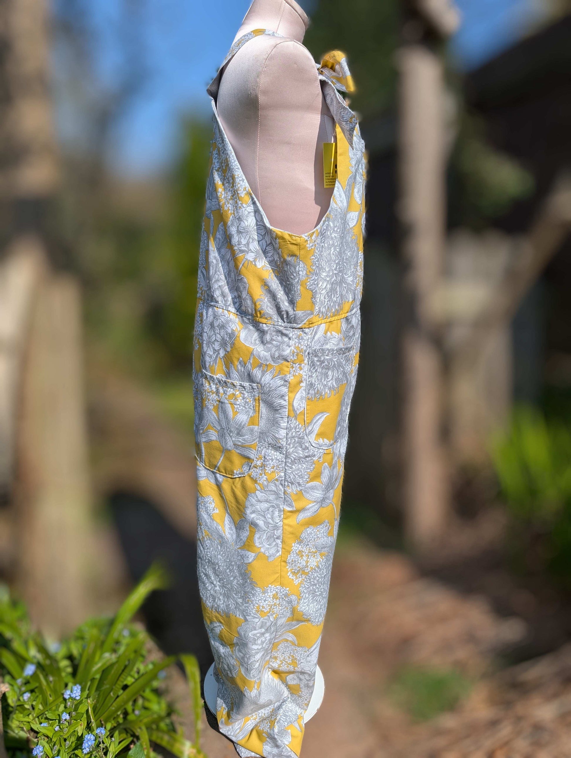 dungarees size 14 or L grey and yellow floral dungarees-baggy dungarees-sustainable fashion-ballon leg-reworked clothing-