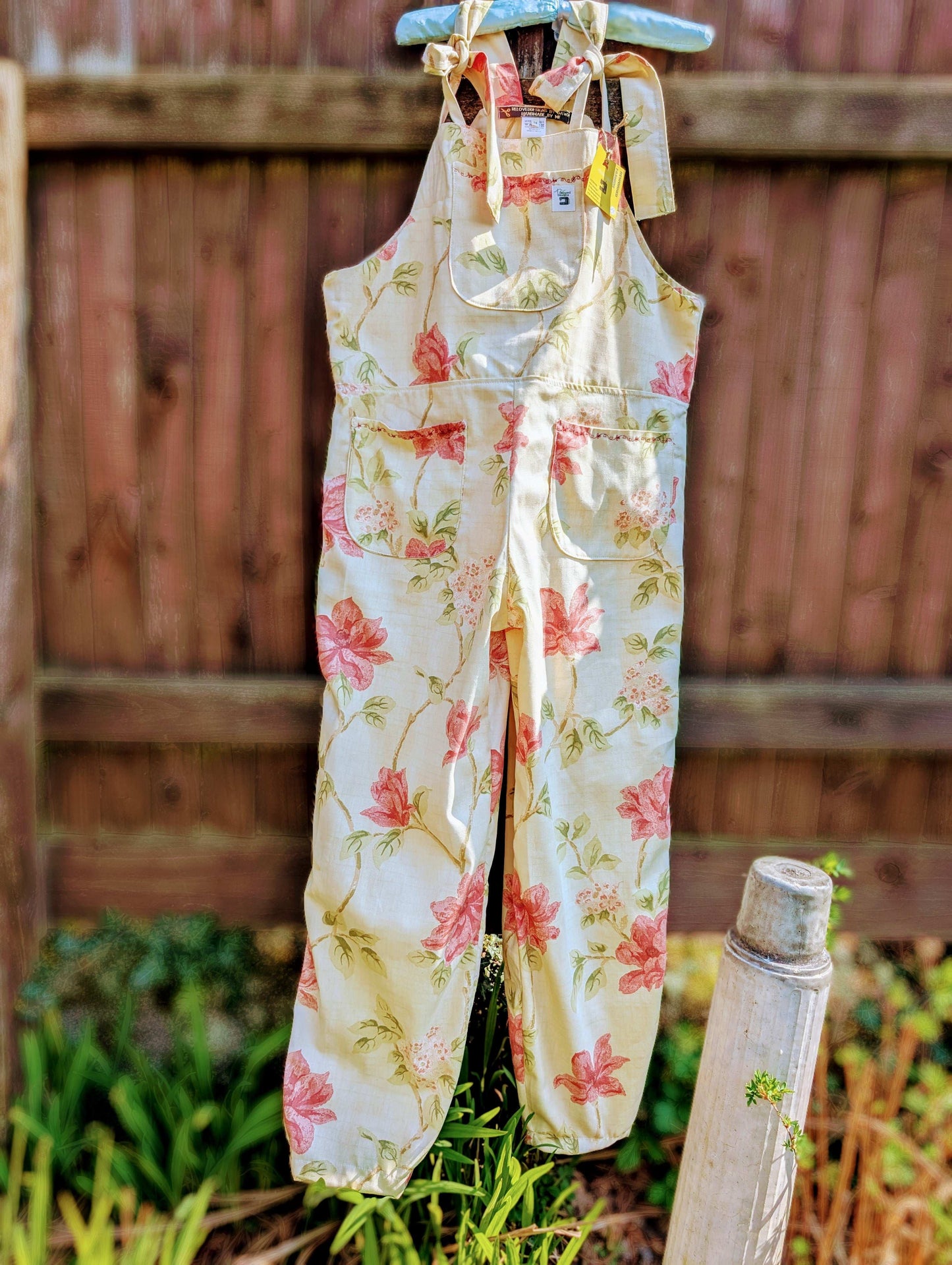 dungarees size 14 or L  pink and cream floral dungarees-baggy dungarees-sustainable fashion-ballon leg-reworked clothing-