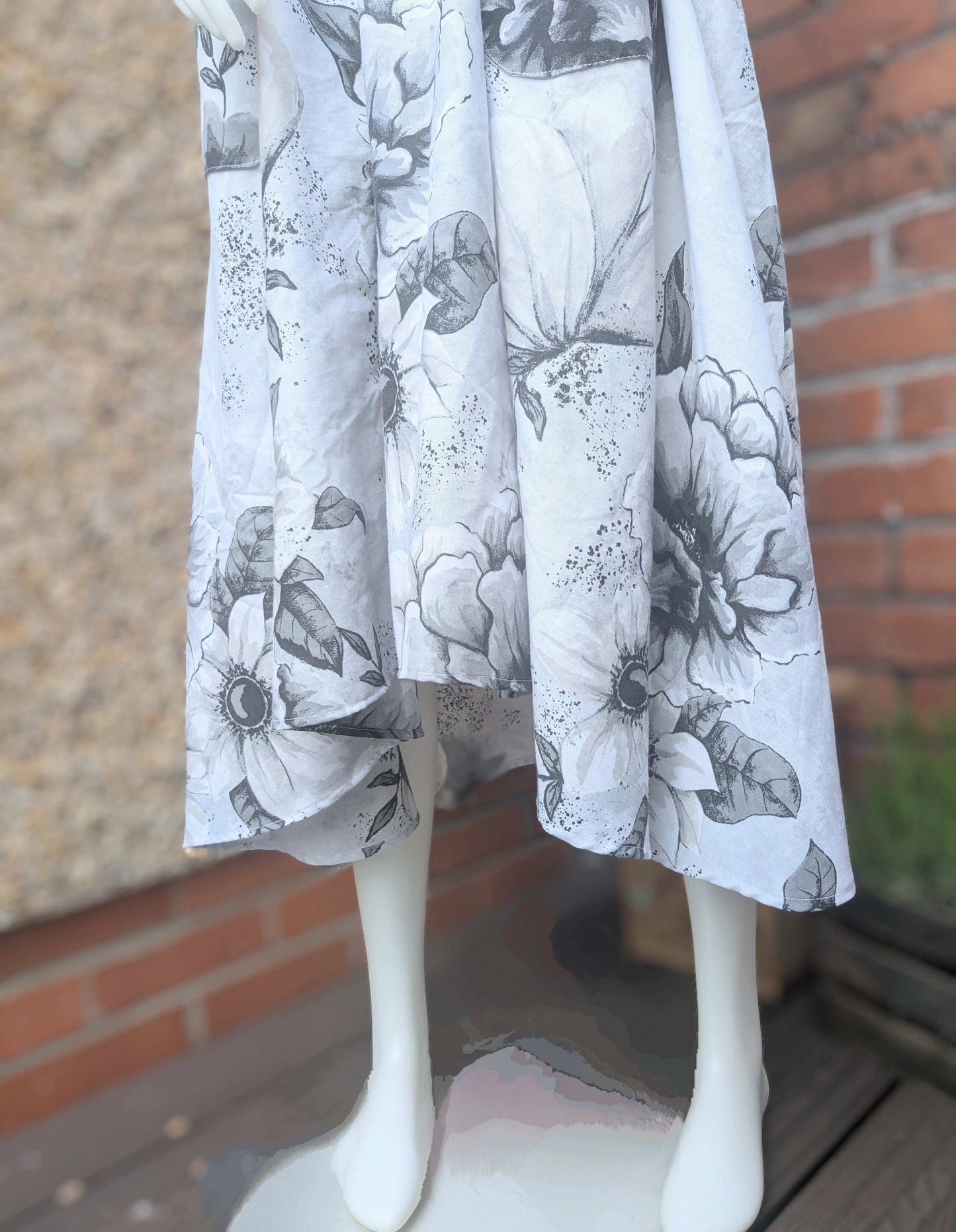 Skirt 14-waterfall hem skirt-circle skirt-black flower pattern-hippy skirt-full skirt with pockets-long skirt- flared, stretch waist