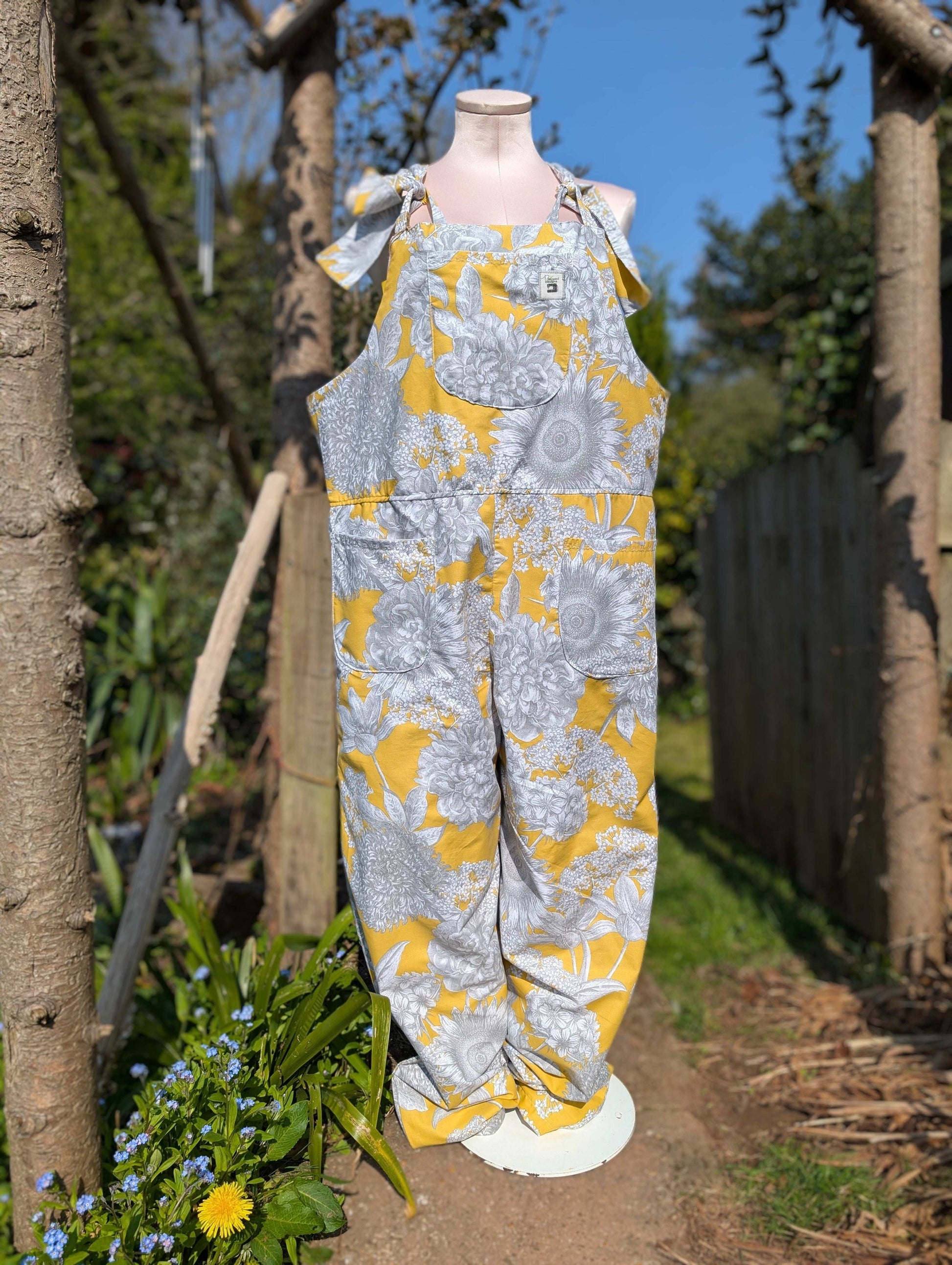 dungarees size 14 or L grey and yellow floral dungarees-baggy dungarees-sustainable fashion-ballon leg-reworked clothing-