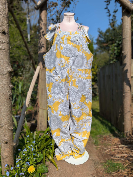 dungarees size 14 or L grey and yellow floral dungarees-baggy dungarees-sustainable fashion-ballon leg-reworked clothing-