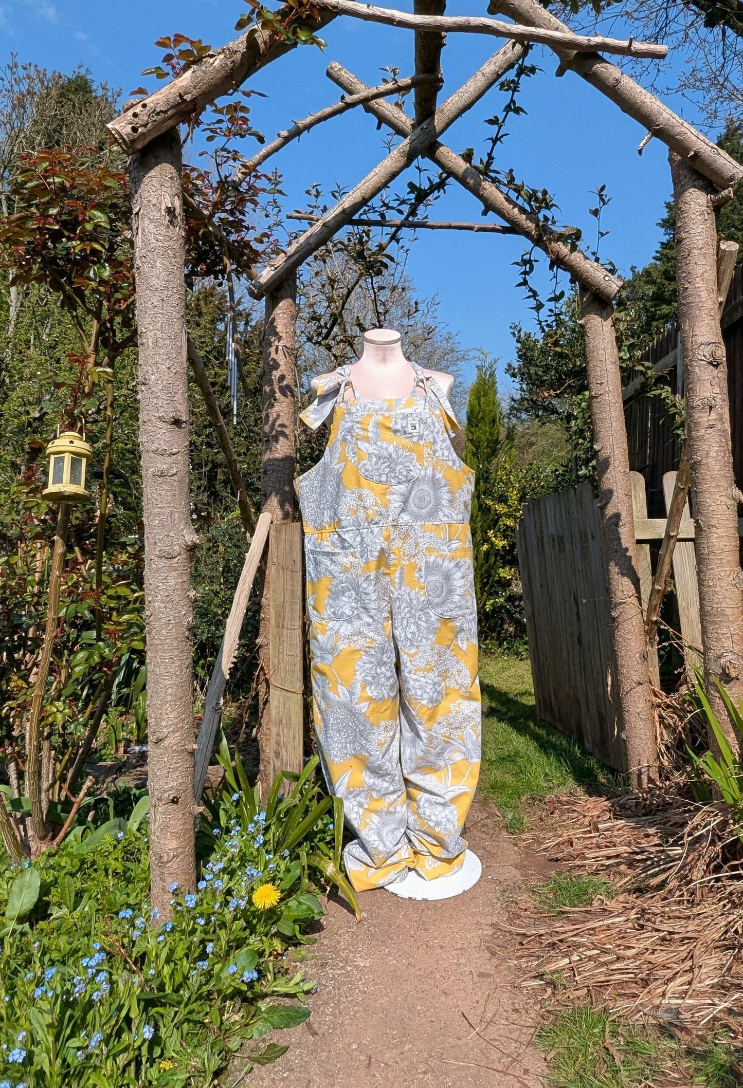 dungarees size 14 or L grey and yellow floral dungarees-baggy dungarees-sustainable fashion-ballon leg-reworked clothing-