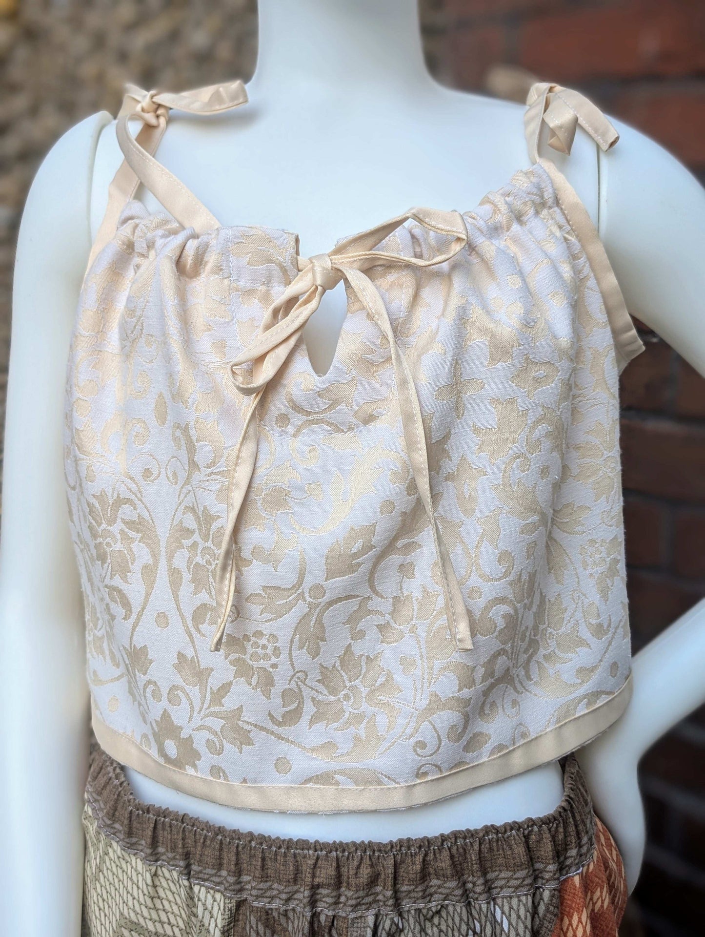 cropped top, strappy top, vest, blouse size 12, whimsical top, hippy top, cami top, reworked top, ribbon straps top, summer vest