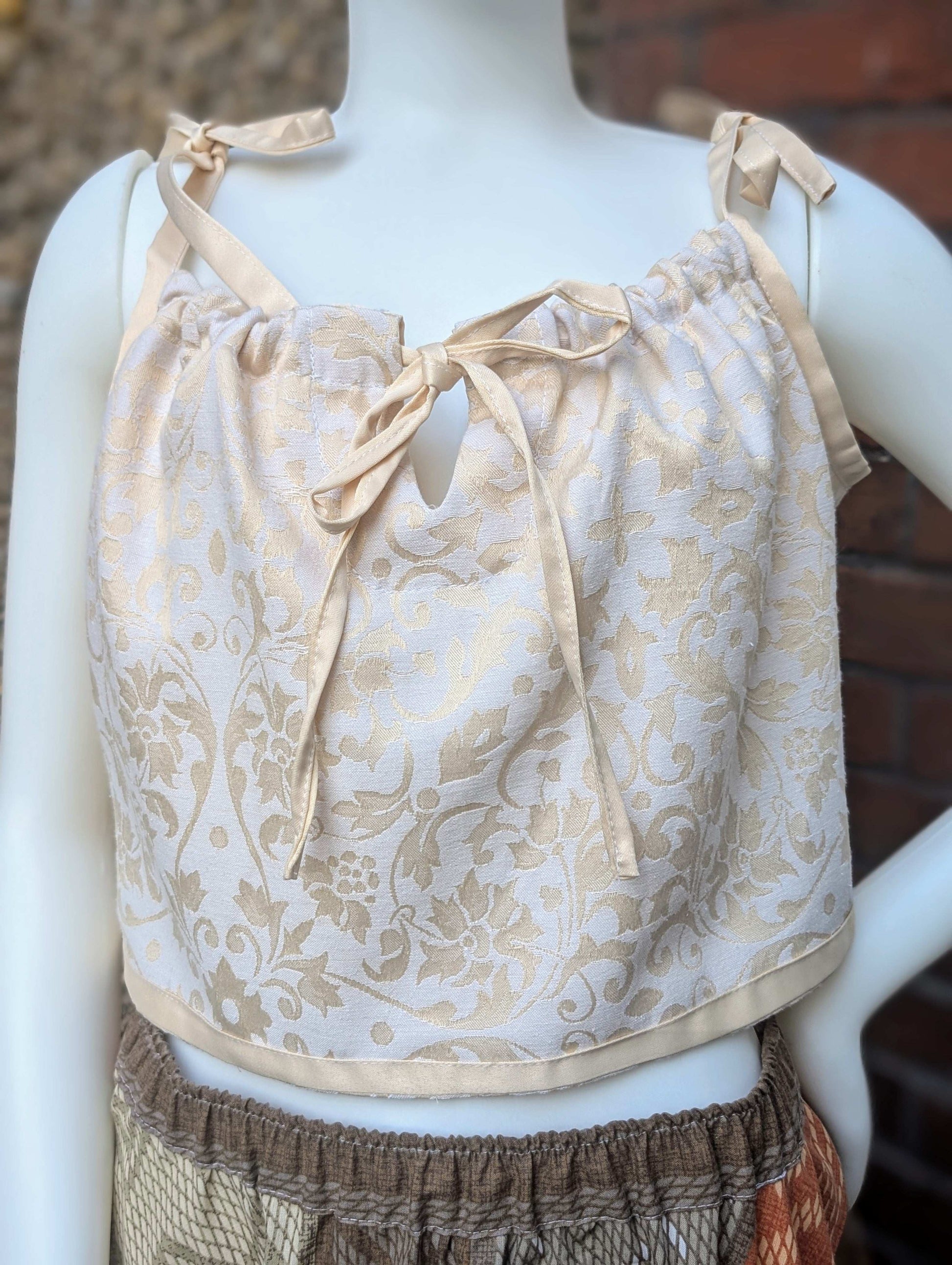 cropped top, strappy top, vest, blouse size 12, whimsical top, hippy top, cami top, reworked top, ribbon straps top, summer vest