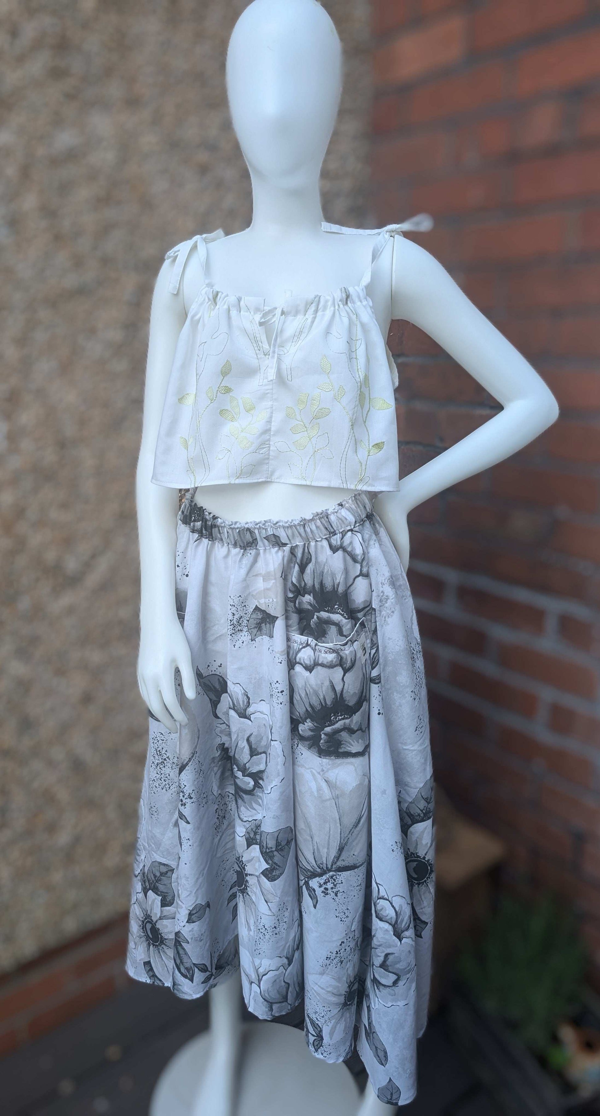 Skirt 14-waterfall hem skirt-circle skirt-black flower pattern-hippy skirt-full skirt with pockets-long skirt- flared, stretch waist