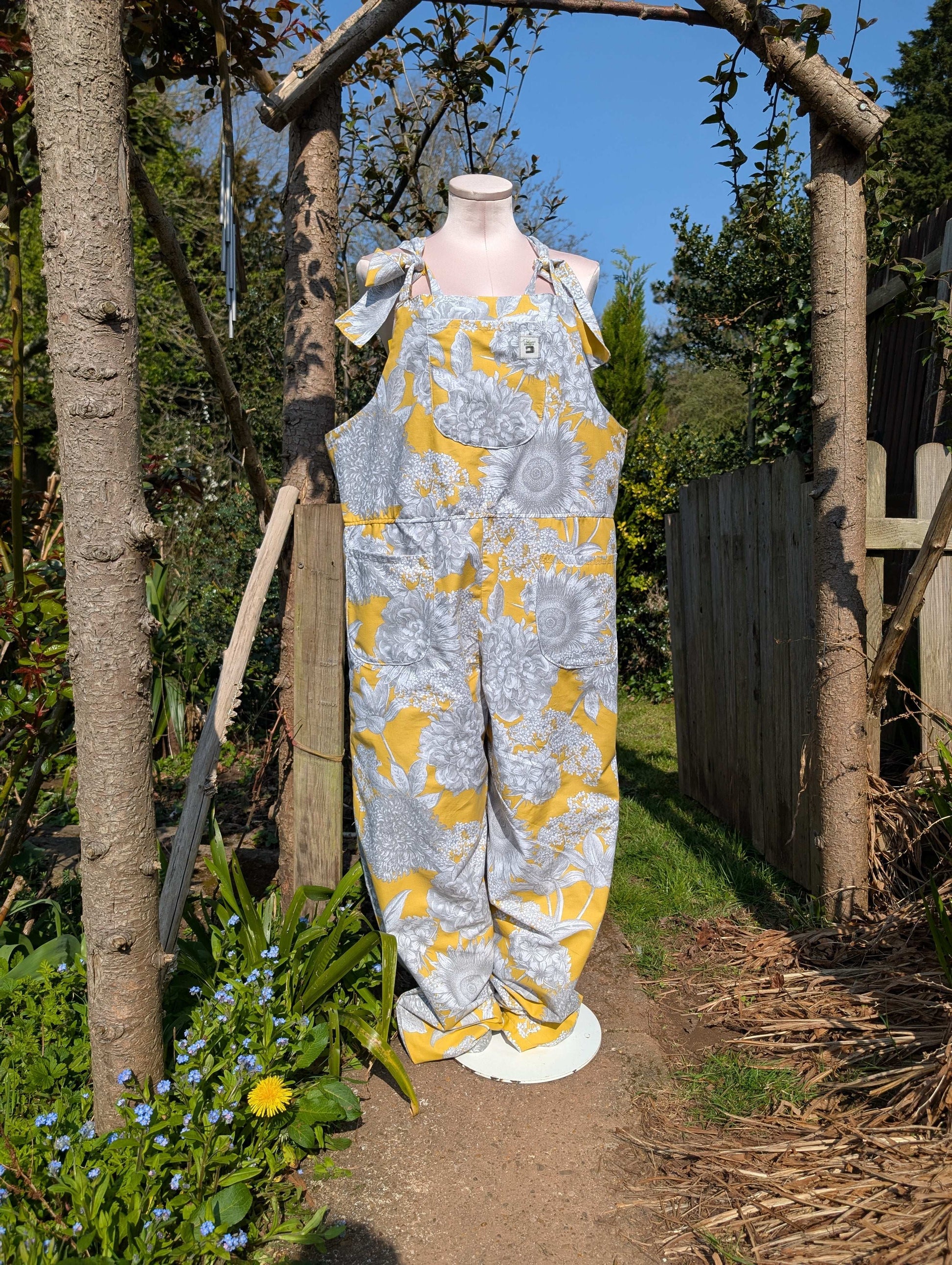 dungarees size 14 or L grey and yellow floral dungarees-baggy dungarees-sustainable fashion-ballon leg-reworked clothing-