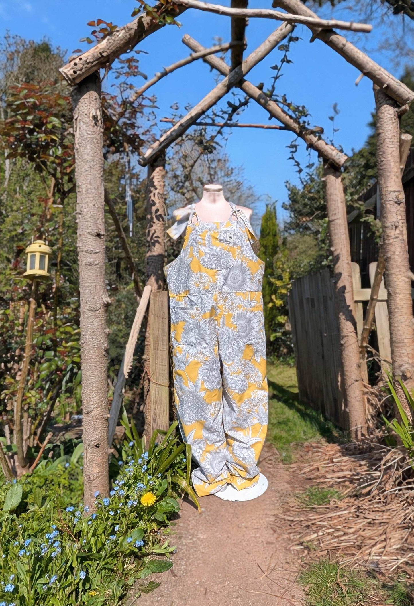 dungarees size 14 or L grey and yellow floral dungarees-baggy dungarees-sustainable fashion-ballon leg-reworked clothing-