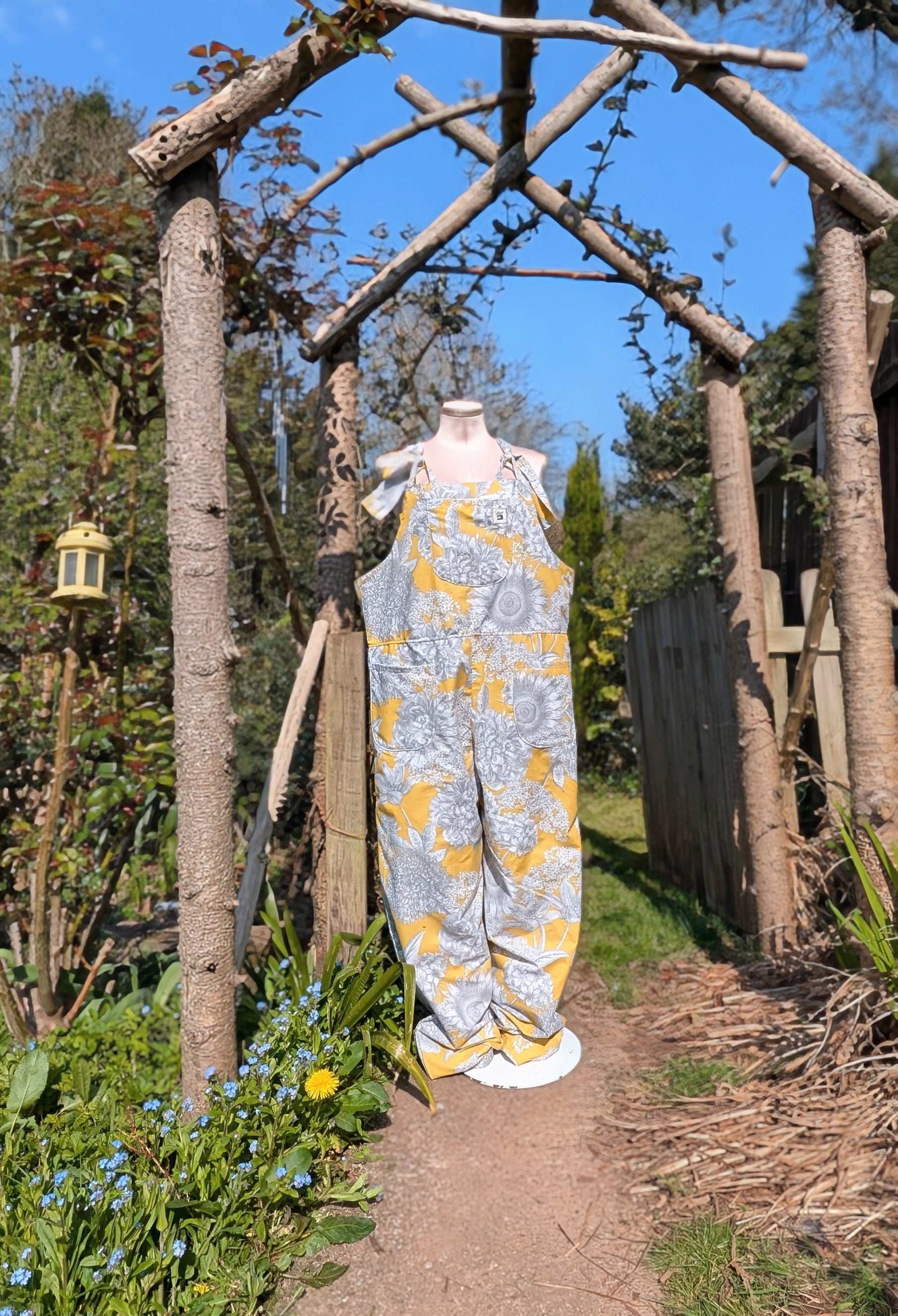 dungarees size 14 or L grey and yellow floral dungarees-baggy dungarees-sustainable fashion-ballon leg-reworked clothing-