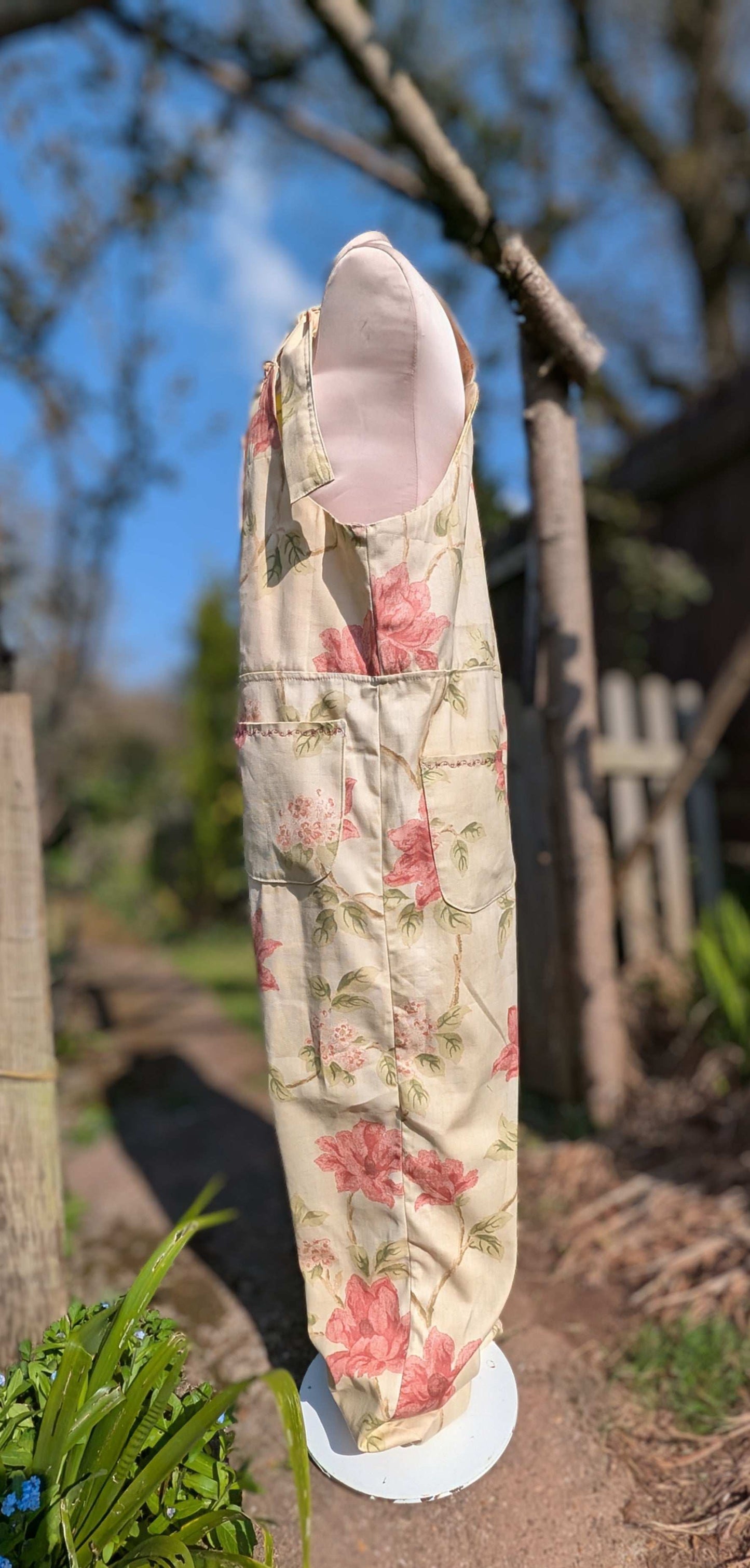 dungarees size 14 or L  pink and cream floral dungarees-baggy dungarees-sustainable fashion-ballon leg-reworked clothing-