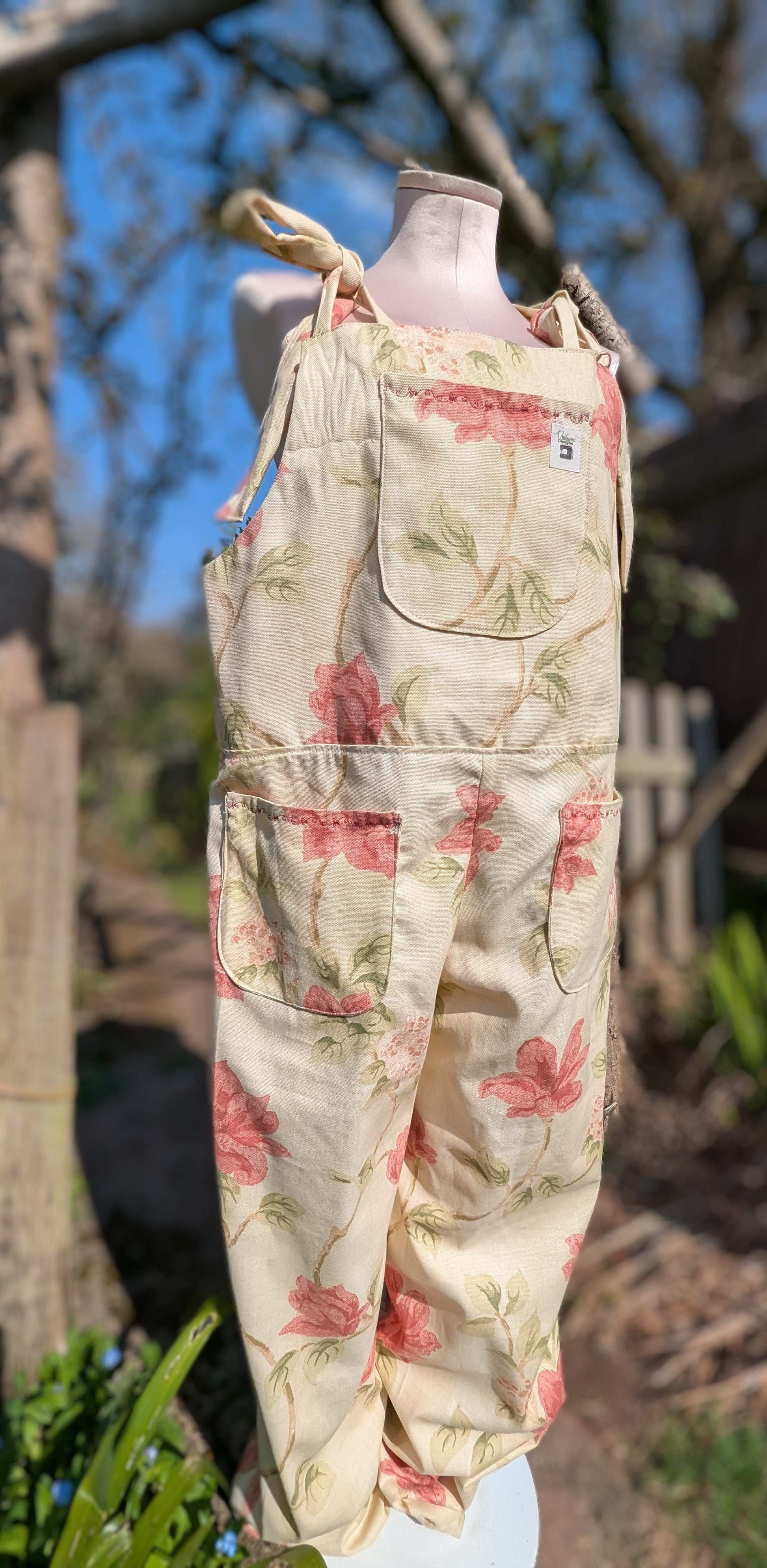 dungarees size 14 or L  pink and cream floral dungarees-baggy dungarees-sustainable fashion-ballon leg-reworked clothing-